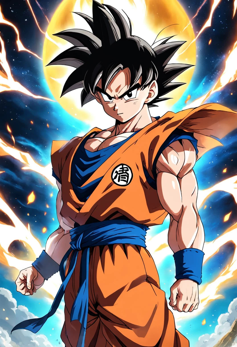 goku de dragonball super com instinto superior, com cabelo branco e glorioso etilo divindade