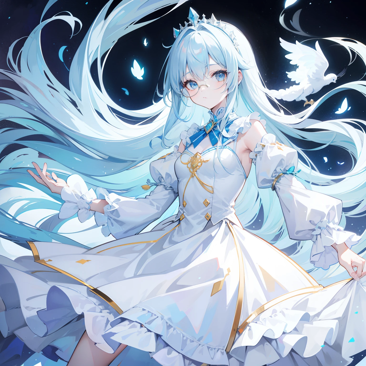 Long light blue hair，White glasses，All kinds of light blue with light yellow princess dresses look a little intellectually cute, pitiful and simple