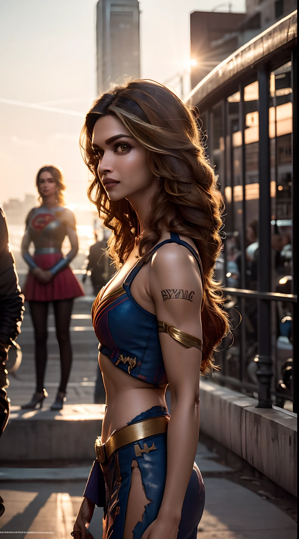 Hyper realistic,((Deepika Padukone, Loren Gray, Nina Dobrev face)), as DC's Supergirl, superhero pose, standing in city at sunset, hyperdetailed, sunbeams, (8k), realistic, symmetrical, award-winning, cinematic lightning, film, 75mm, full body shot, close-up, torn detailed face,