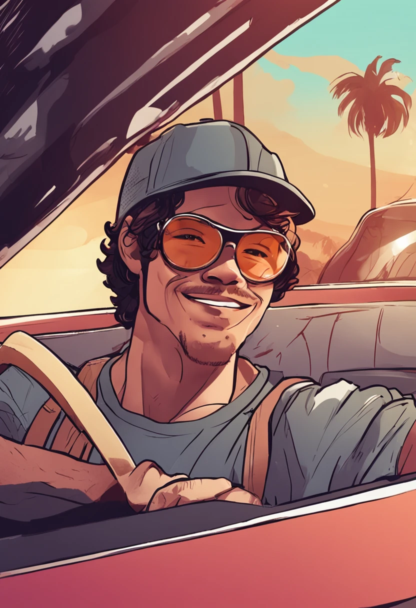 Cute square face boy wearing cap, Moreno, com barba, wearing glasses, meia moldura e tampa, exudes confidence and happiness in the eyes, He's in a modern convertible sports car, numa estrada numa montanha de fundo pro mar num belo por do sol