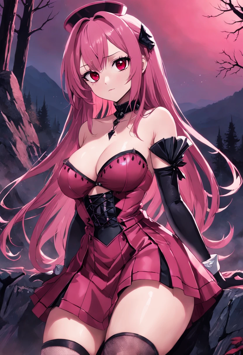 rock, 1girl, solo, dark pink makeup, pink lipsticks, breasts, skirt, large breasts, long hair, detailed eyes, wine red attire, sexy attire, spiked attire, black and red checkered skirt, spiked collar, spiked, fishnet stockings, devilish, rose meadow, nature, forest, ambient, air, sitting, rock, night, masterpiece, best quality, highly detailed1