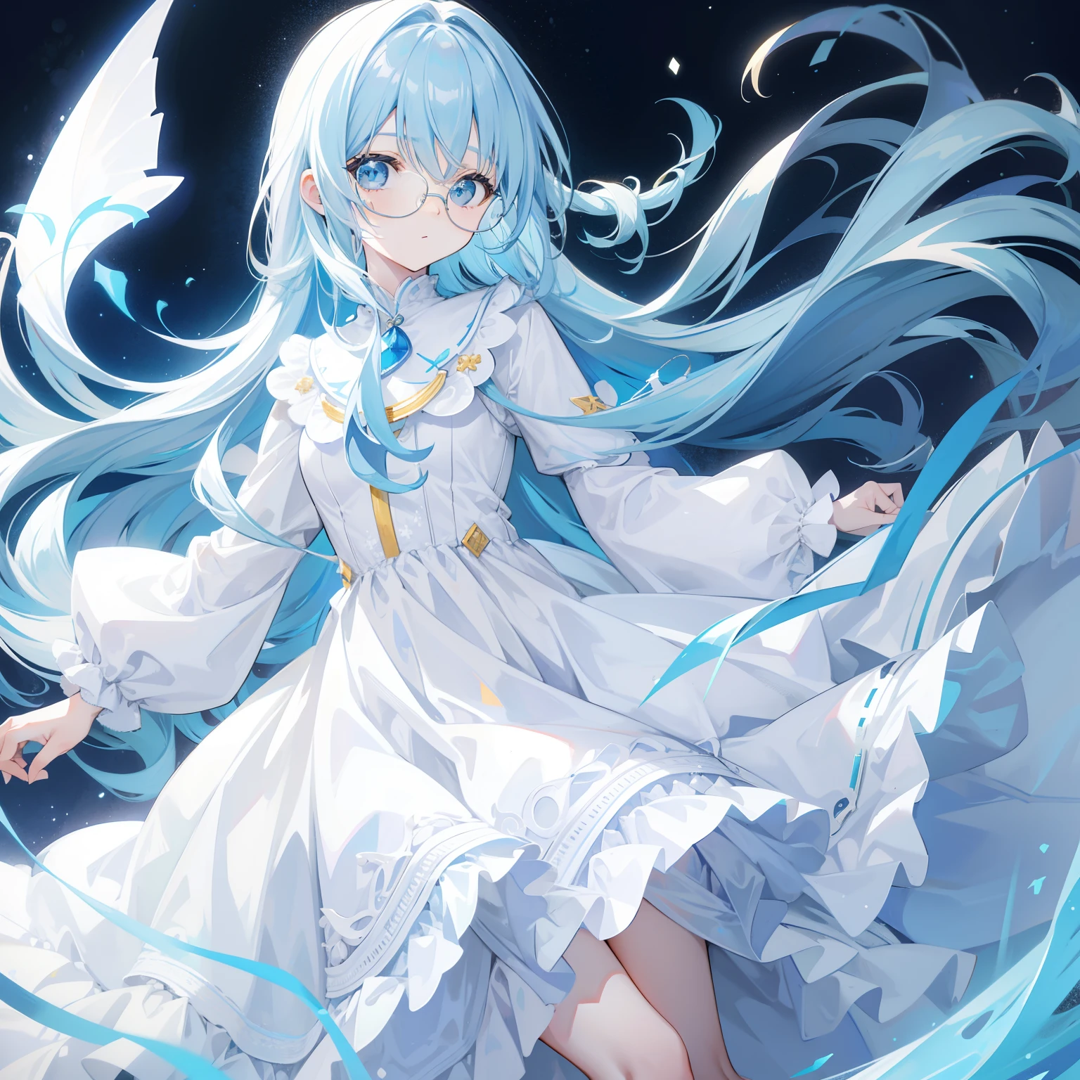 Long blue hair,White glasses,Various light blue with light yellow princess dresses look a little intellectual and cute, Poor and simple