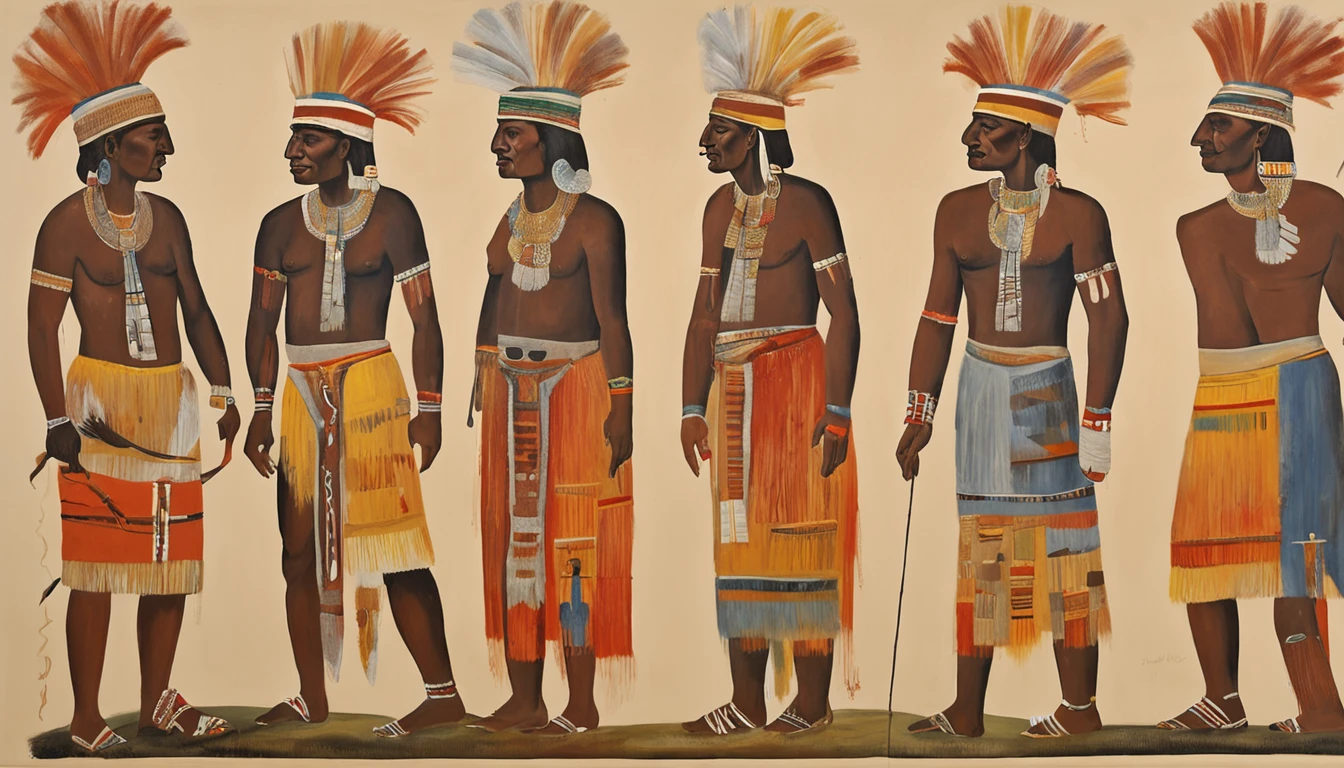 side view, full body, 600 B.C. a man, spiritual leader of the Mesoamerican civilization of Teotihuacan, adorned with body paintings, necklace and headdress typical of his people, he laughs and extends his hand in front, no background, style of Jacques-Louis David.