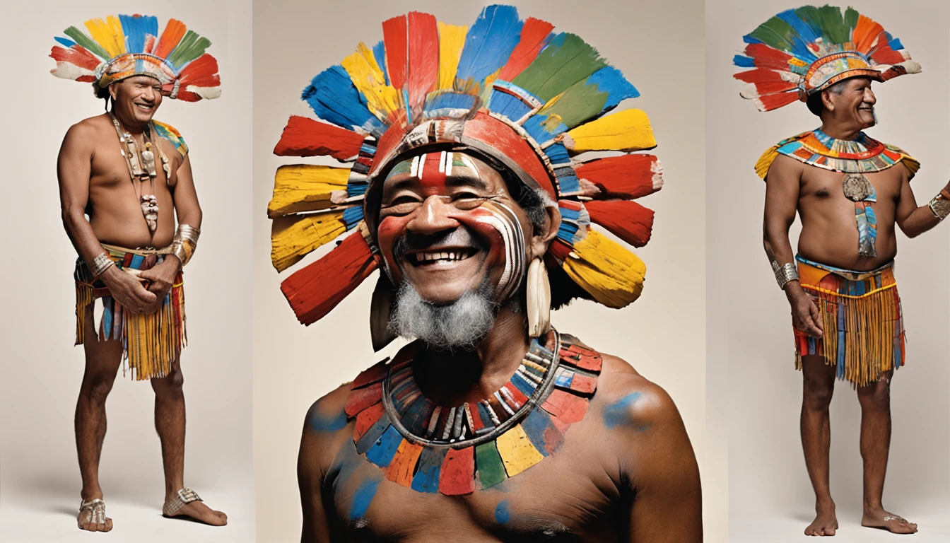 side view, full body, 600 B.C. a man, spiritual leader of the Mesoamerican civilization of Teotihuacan, adorned with body paintings, necklace and headdress typical of his people, he laughs and extends his hand in front, no background, style of Jacques-Louis David.