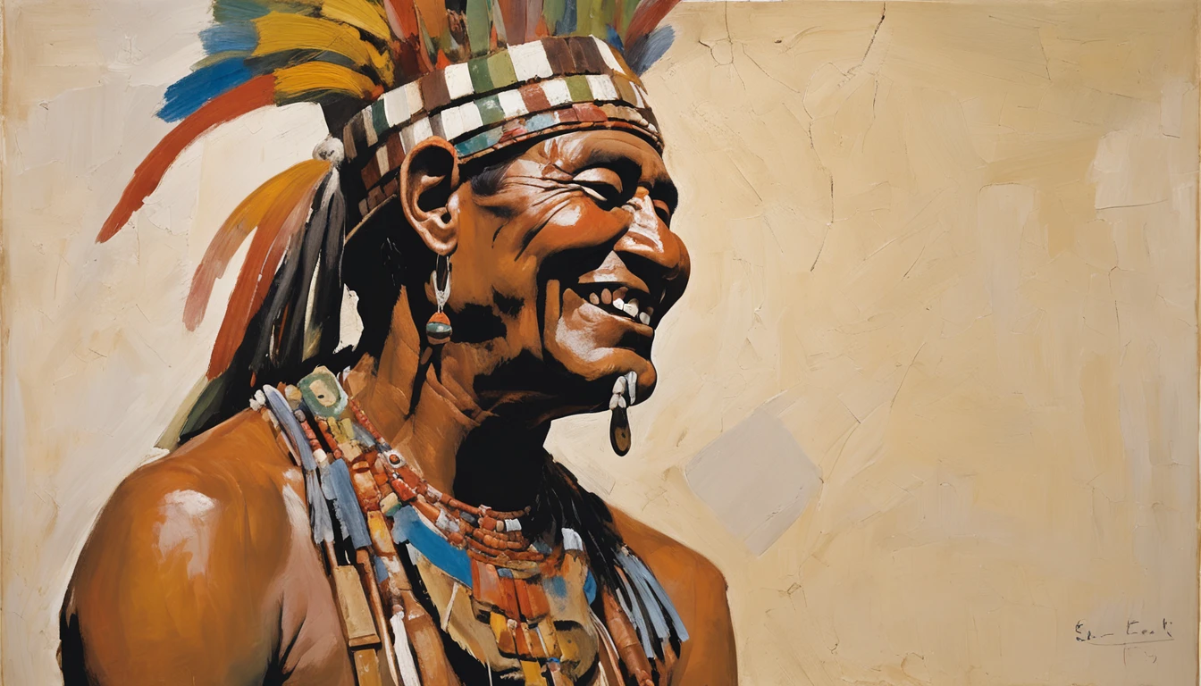 side view, full body, 600 B.C. a man, spiritual leader of the Mesoamerican civilization of Teotihuacan, adorned with body paintings, necklace and headdress typical of his people, he laughs and extends his hand in front, no background, style of Jacques-Louis David.