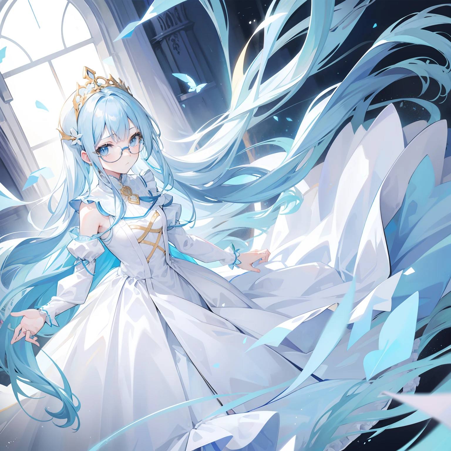 Long blue hair,White glasses,Various light blue with light yellow princess dresses look a little intellectual and cute, Poor and simple