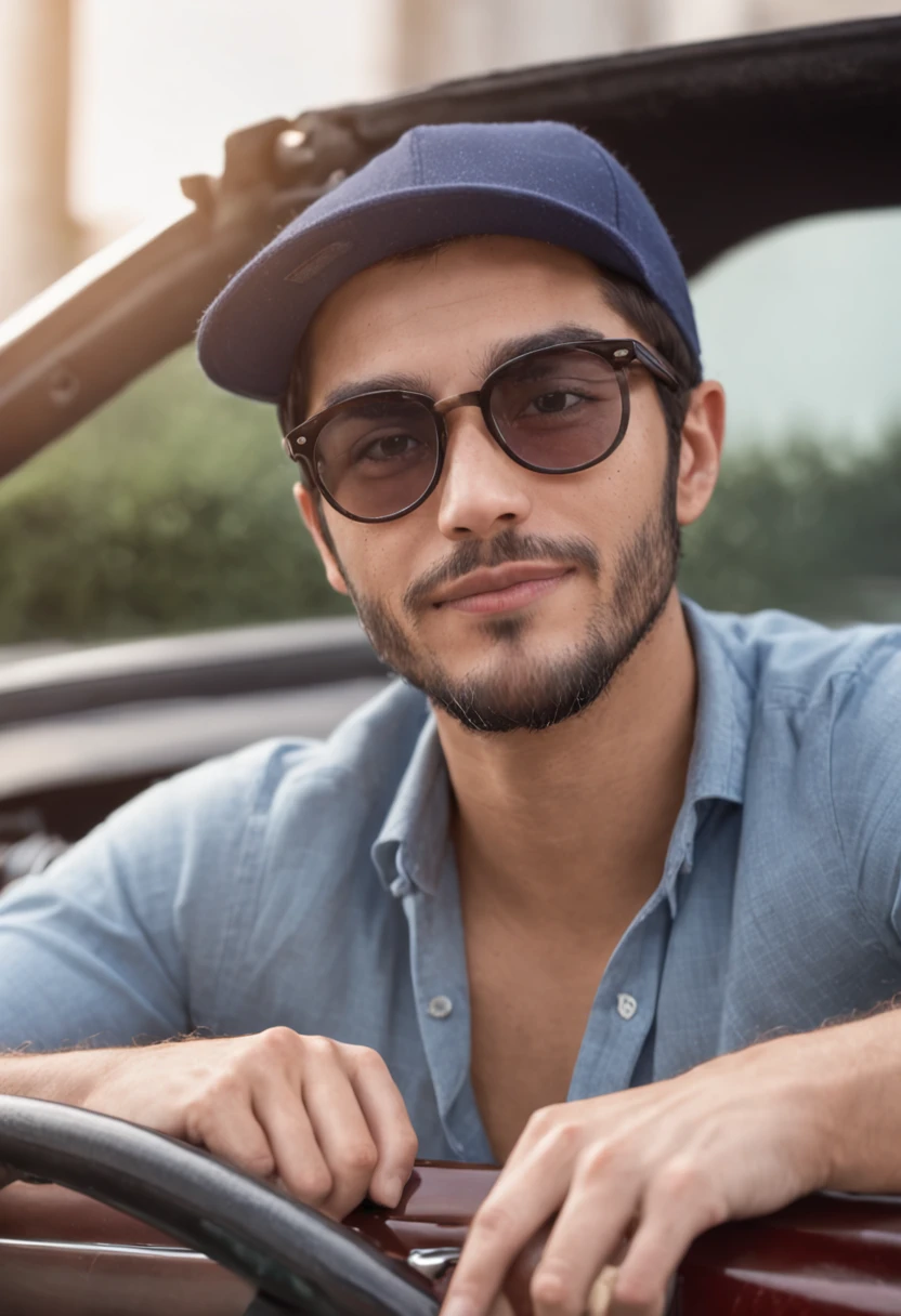 Beautiful square face man wearing cap, Moreno, com barba, wearing the glasses of half frame , exudes confidence and happiness in the eyes, He's in a modern convertible sports car, numa estrada de montanha e de fundo pro mar num belo por do sol