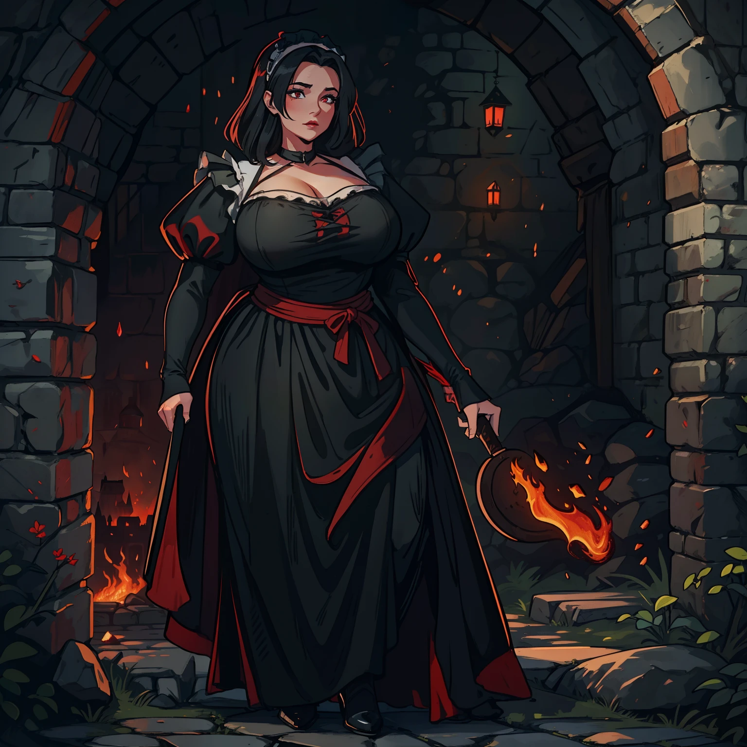 A sexy plus size woman neckline medieval maid wearing black clothes with red accents in a medieval and shady rocky castle he is in a shadowy castle the castle has dark colors black rocky walls and little light a castle with dark warm colors and fire in a medieval art rpg illustration rpg medieval art a not so old woman of 40 years she is the maid of the castle