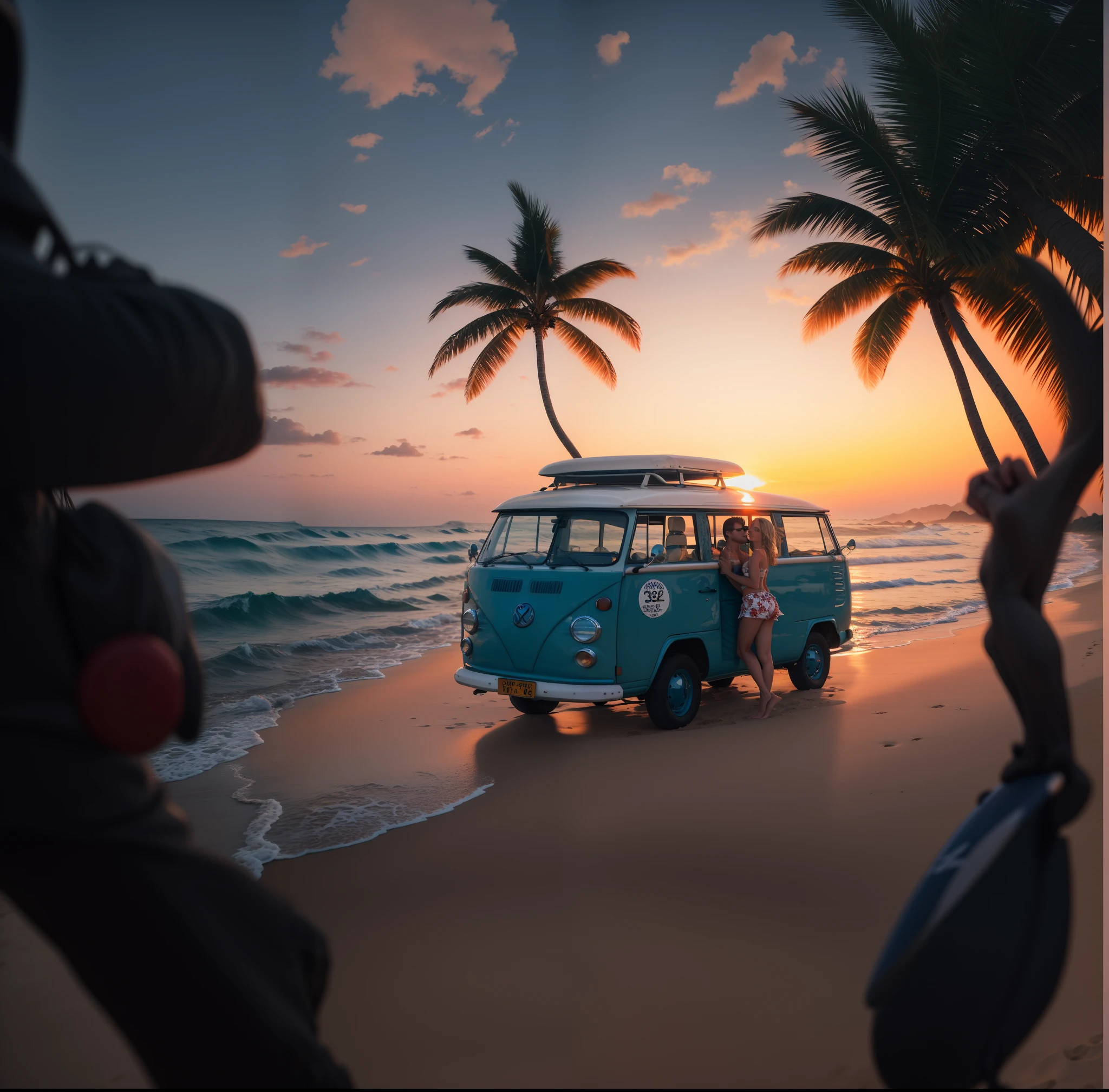 Repintar área selecionada com Surfers pose in VW van on the beach at sunset, Carrinha, microbus, bottom angle, on the beach during sunset, in the sunset, Viagem, in the sunset, at the beach on a sunset, summer season, on the beach at sunset, with sunset, Directed by: Matthias Weischer, fotografia de surf, brilho quente, vacation photo, on the beach at sunset