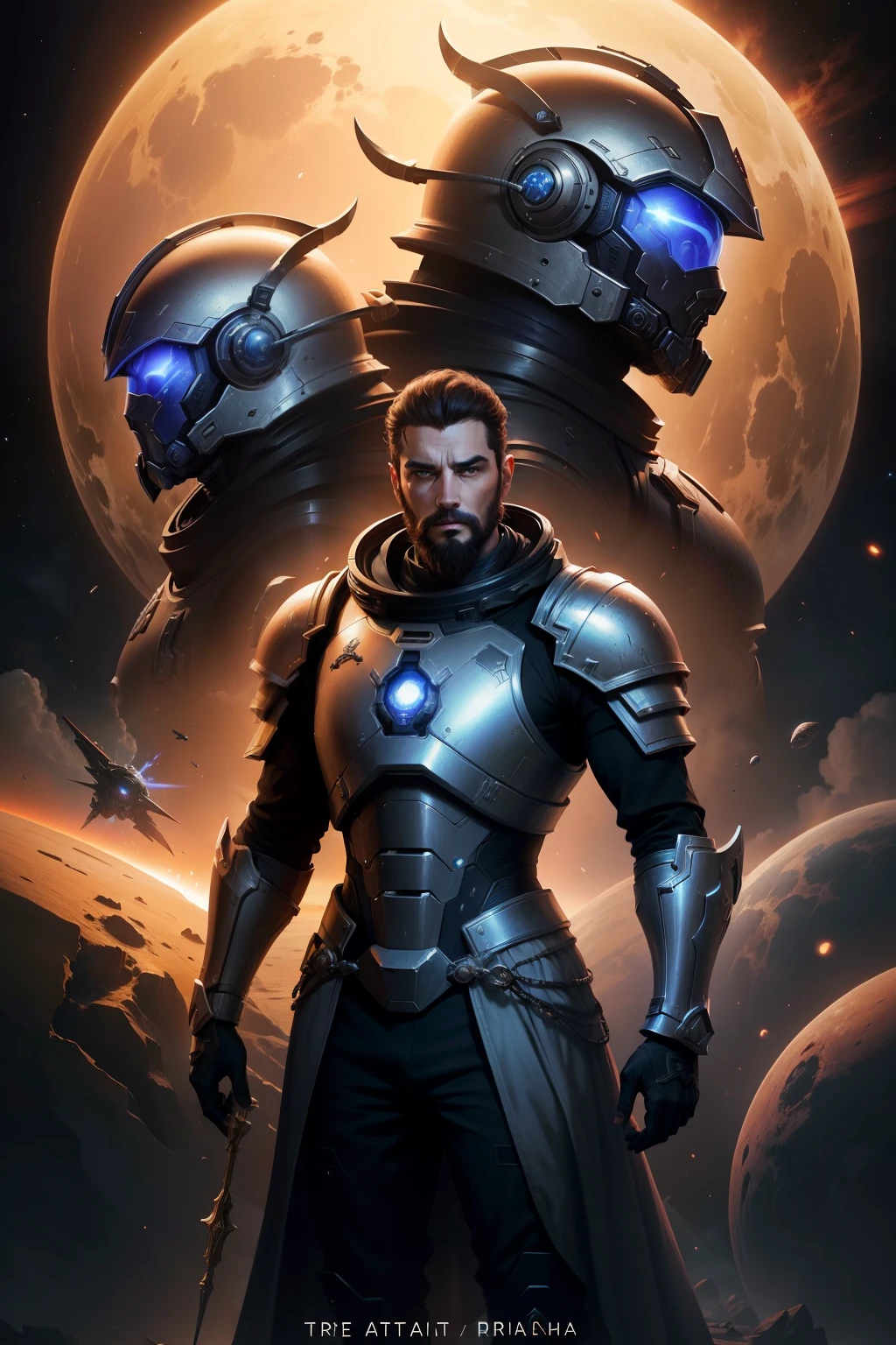 Image of a man in armor standing in front of a planet, Imperador do universo conhecido, arte chave, Starcraft 2 personagem de videogame, Paul Atreides como Imperador de Duna, Stellaris, epic scifi character art, arte chave do jogo, sci-fi space game art, knights templar in a space suit, Retrato de arte de um fuzileiro espacial