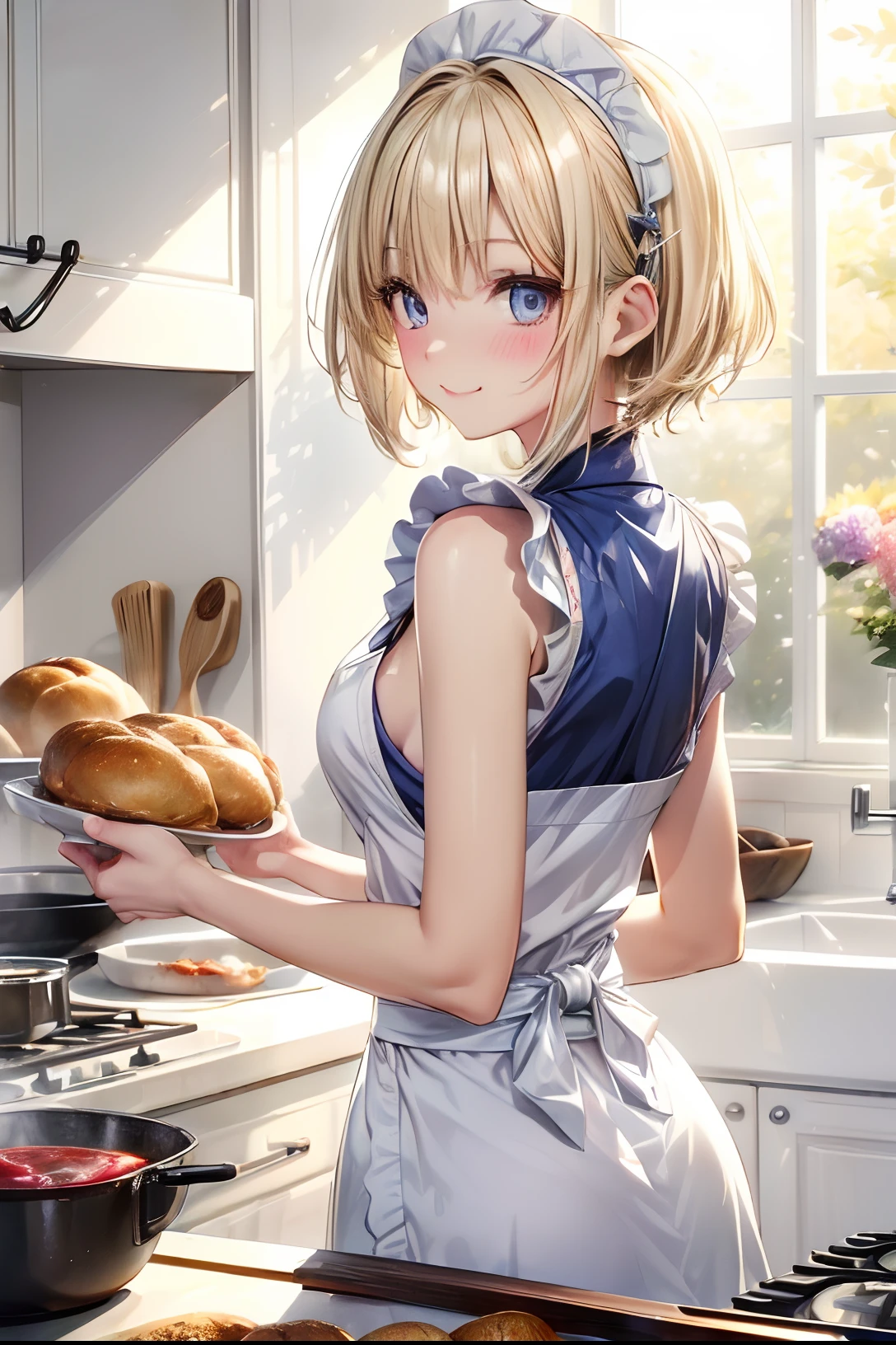absurderes, ultra-detailliert,bright colour, extremely beautiful detailed anime face and eyes, view straight on, ;D, shiny_skin,25 years old, Short hair, , asymmetrical bangs, Blonde hair with short twin tails, Shiny hair, Delicate beautiful face, red blush、Blue eyes, White skin, hair clips, laught、(Apron on underwear:1.3)、looks from behind、kitchin、(Cooking:1.4),(Upper body:1.2)、Valley、Slender body、(Blonde short hair)、(low twintails)、Shiny hair、(preparing breakfast)、(Bright sunshine)、(glint)、You can see the blue sky from the window、Flowers in a vase、The table、breads、salad、White tableware