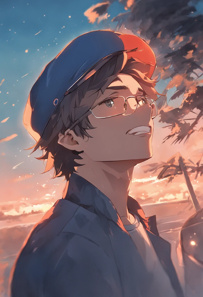 Beautiful square-faced man wearing cap, Moreno, com barba, wearing the half-frame glasses , exudes confidence and happiness in the eyes, He's in a modern convertible sports car, numa estrada de montanha e de fundo pro mar num belo por do sol