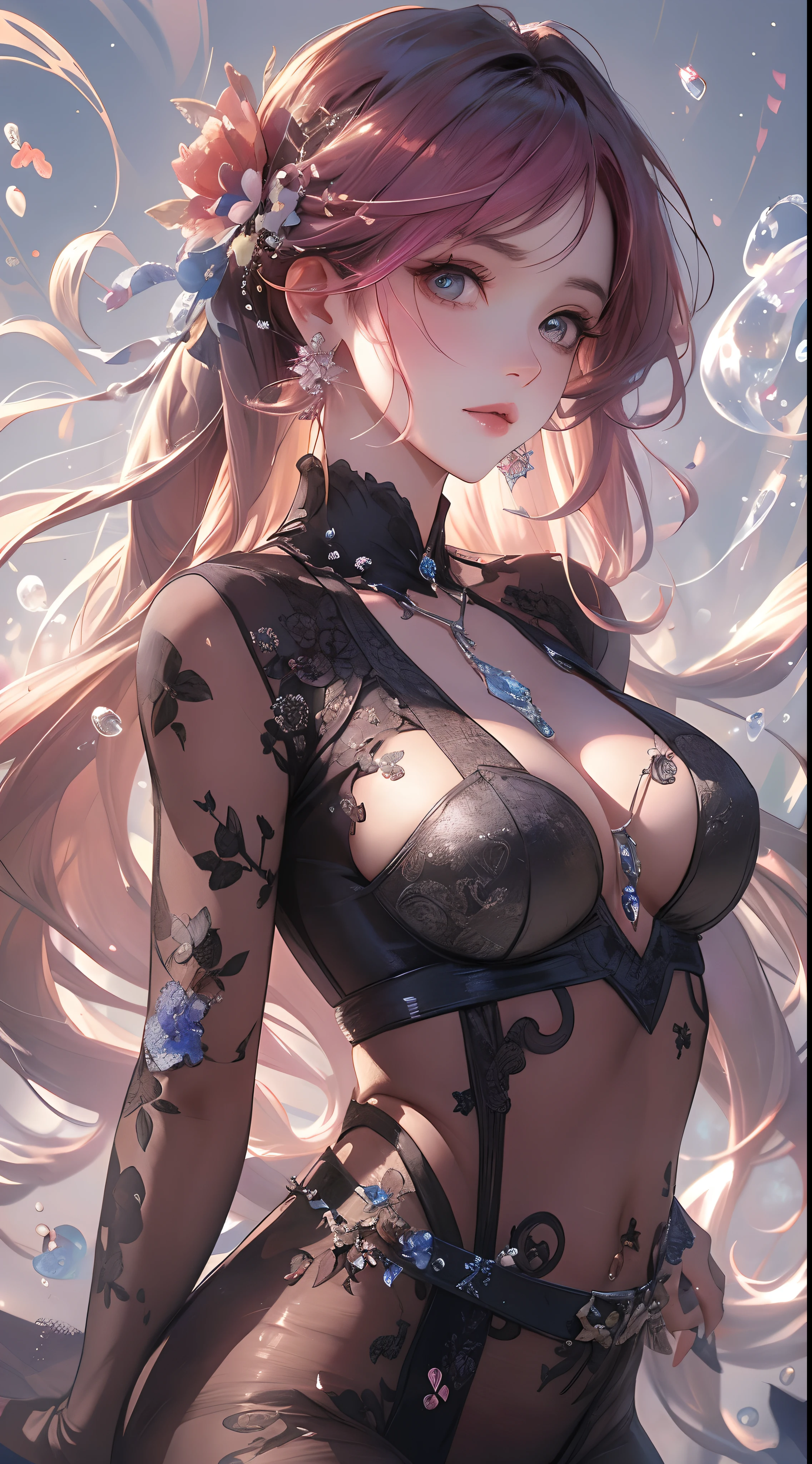 body shot, (Masterpiece), (Best Quality), (The ultra-detailliert),(ldisheveled hair),(Illustration), (1Girl), (Fashionable clothing), Standing, Fashion model, looking up at viewer, (interview), (Simple background),Beautiful detailed eyes, Delicate beautiful face, Floating,(high saturation),(Colorful splash),Colorful bubbles,(glittering), body shot, Ayaka Kamisato, Pink hair, bangss, hair rings, Floating flowers, floating hair, (glittering), Best lighting, best shadows, Frontal shots