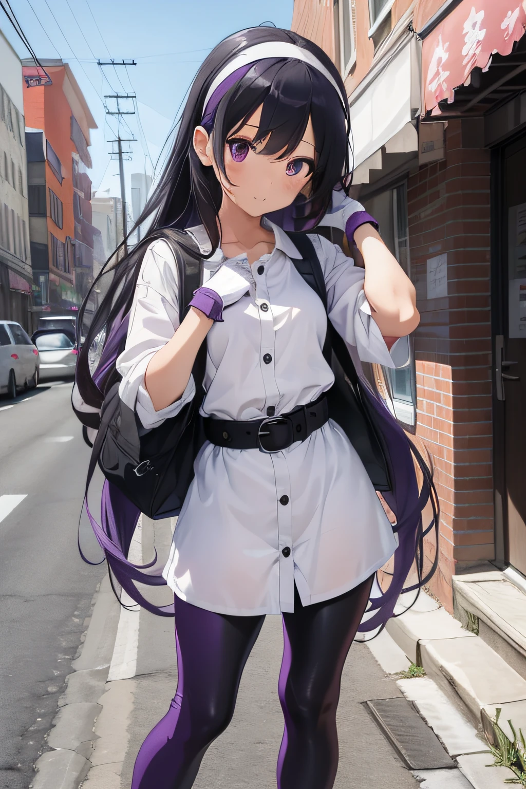 1 girl, purple mid long hair, casual clothing, headband, purple dress, white belt, black leggins, purple boots, white gloves, full body portrait, casual pose, anime style, masterpiece, no sleeves, button shirt, no backpack