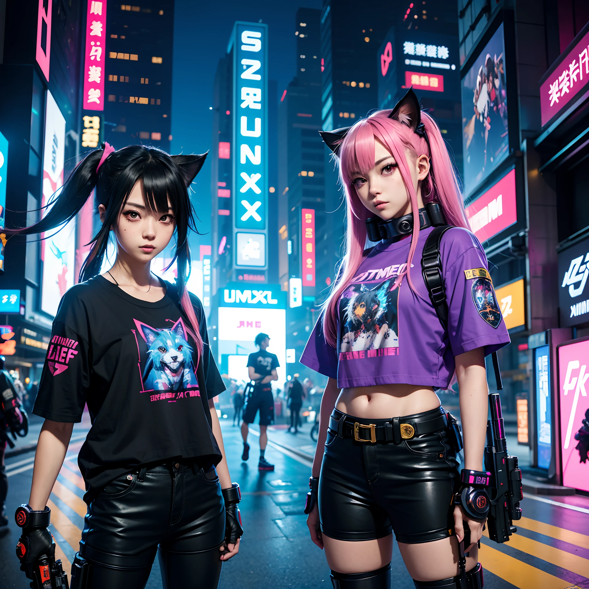 anime girl and dog with guns and t - shirts on, jazza and rossdraws, fursona wearing stylish clothes, rossdraws and jazza, digital cyberpunk anime art, in cyberpunk style, vrchat, commission for high res, fursona art, cyberpunk art style, kda and sam yang, digital cyberpunk - anime art, cyberpunk cat, video game fanart