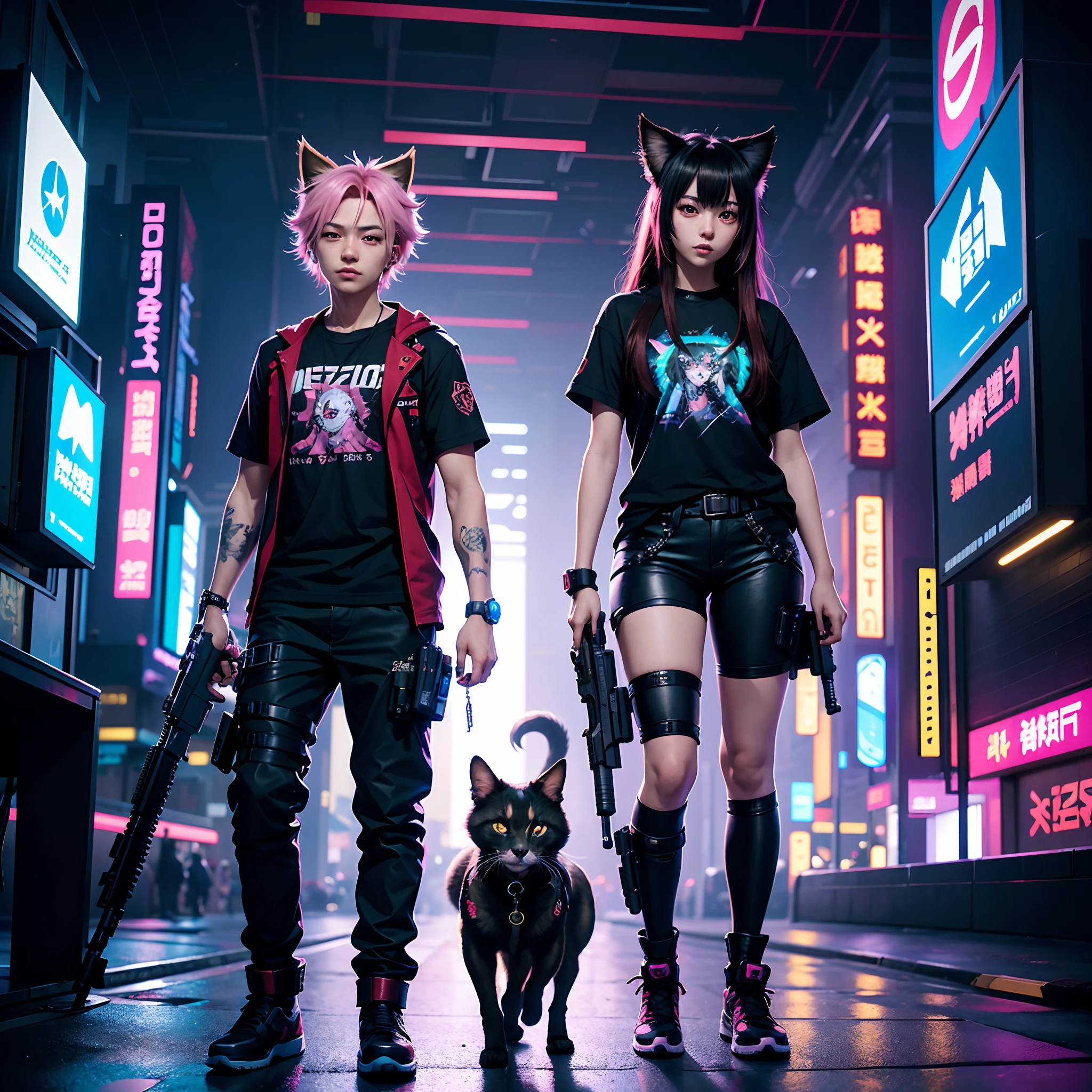 anime girl and dog with guns and t - shirts on, jazza and rossdraws, fursona wearing stylish clothes, rossdraws and jazza, digital cyberpunk anime art, in cyberpunk style, vrchat, commission for high res, fursona art, cyberpunk art style, kda and sam yang, digital cyberpunk - anime art, cyberpunk cat, video game fanart