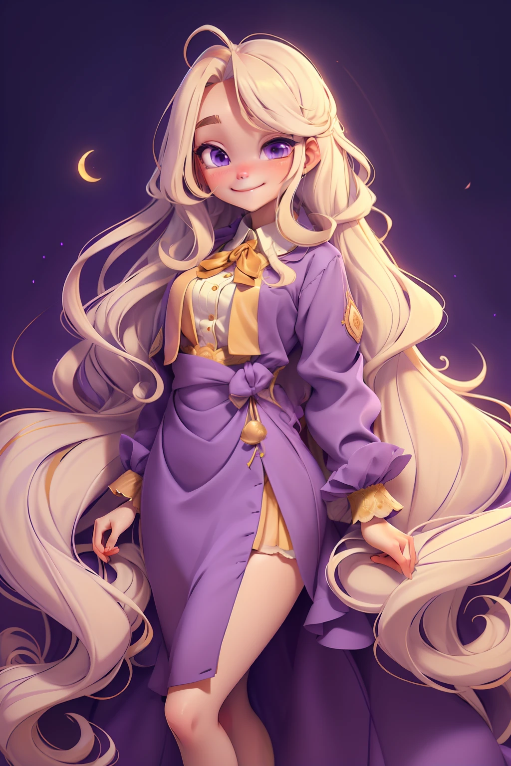 charact. full bodyesbian，Loli Girl, taken, Smiles and refined eyes, full bodyesbian,simple backgound, best qualityer，Frenchman，long whitr hair，golden hair，Lady，evening formal robes，Purple clothes