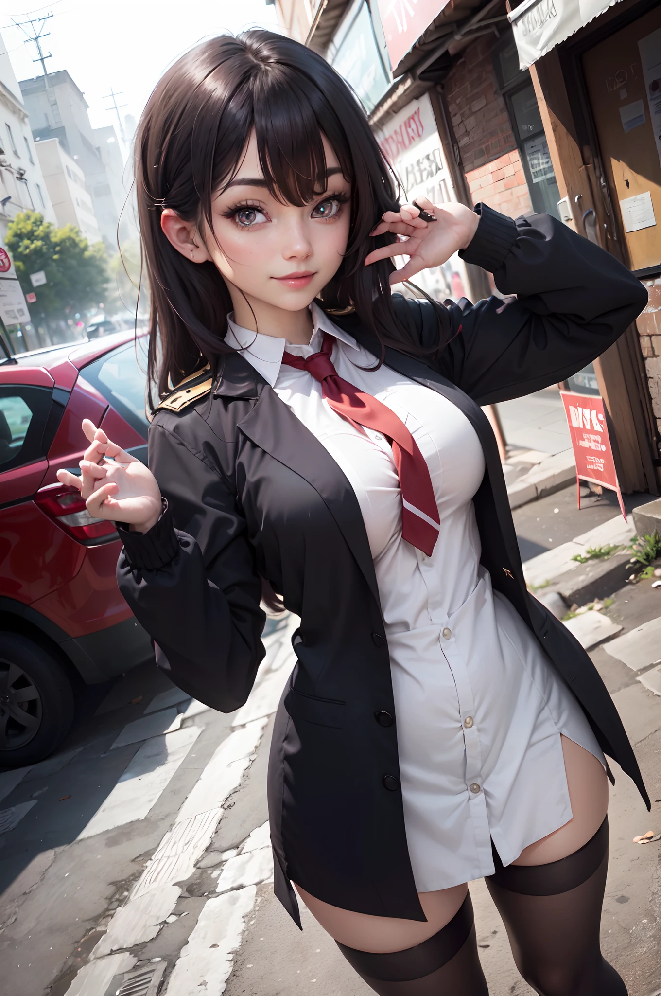 Beautiful sexy woman standing on the street, long dark brown hair,((blazer, no clothes nude , white sport shoes, black sport gloves, knee protector, tie collar))、Very gigantic-breasts:1.8、You can clearly see the shape of the chest、belly is visible, nude 、long legged
