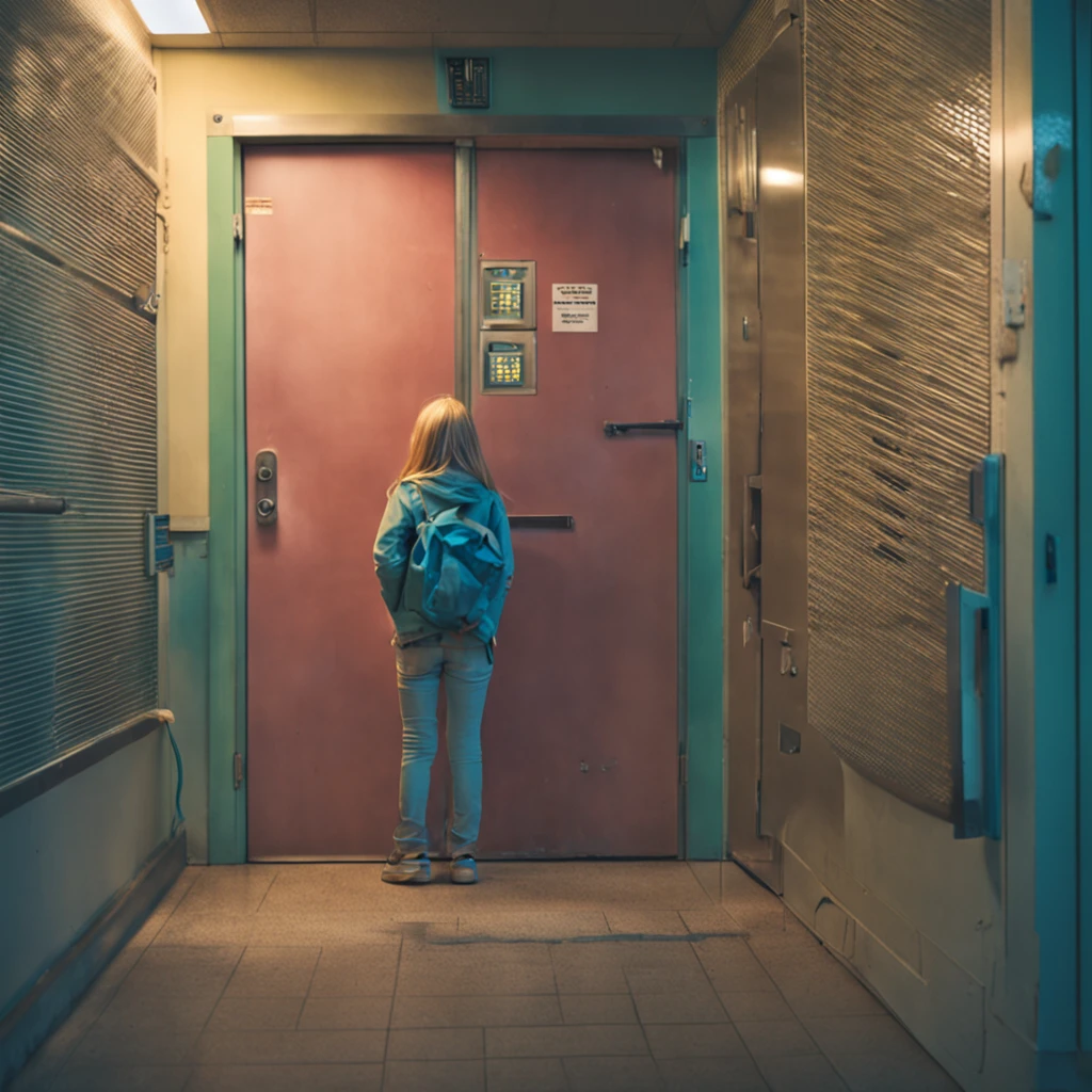 Blonde girl, from behind blonde girl, long hair, (big tits), blue jeans, short t-shirt, white, (crouching down, scared, hiding behind a hospital door.
(scared expression)