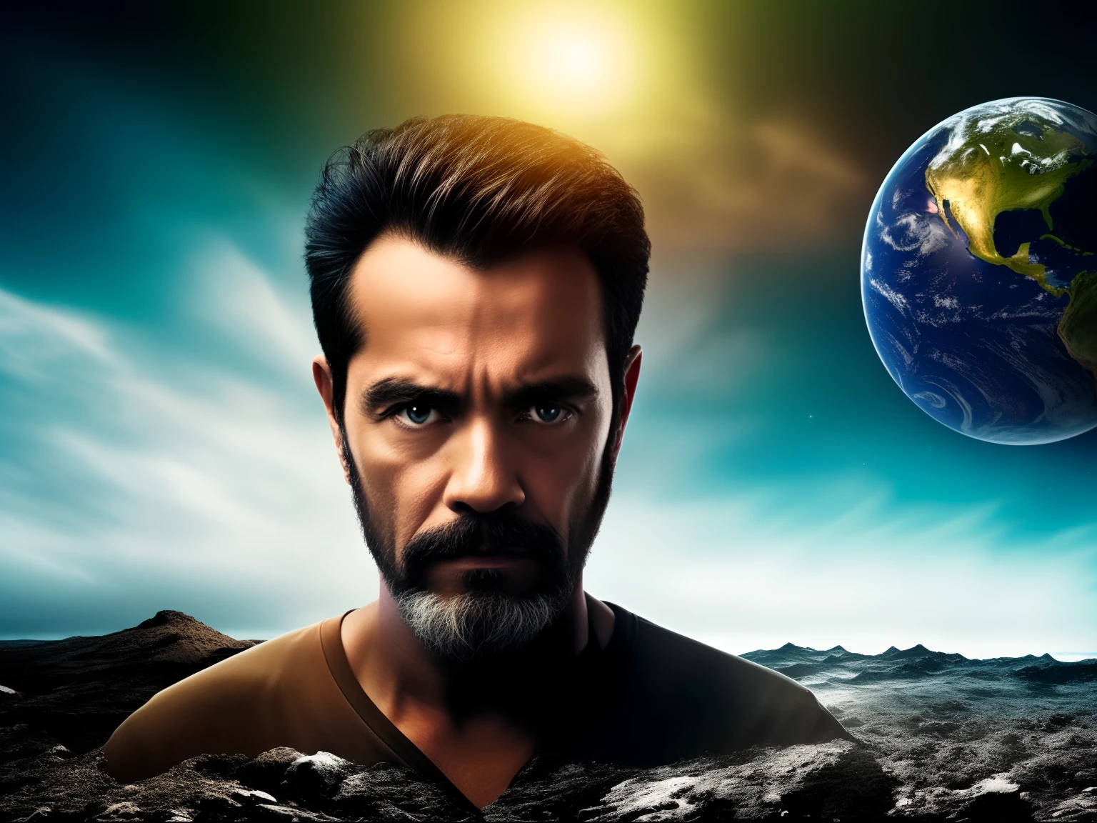 Man at the end of the world with apparent face