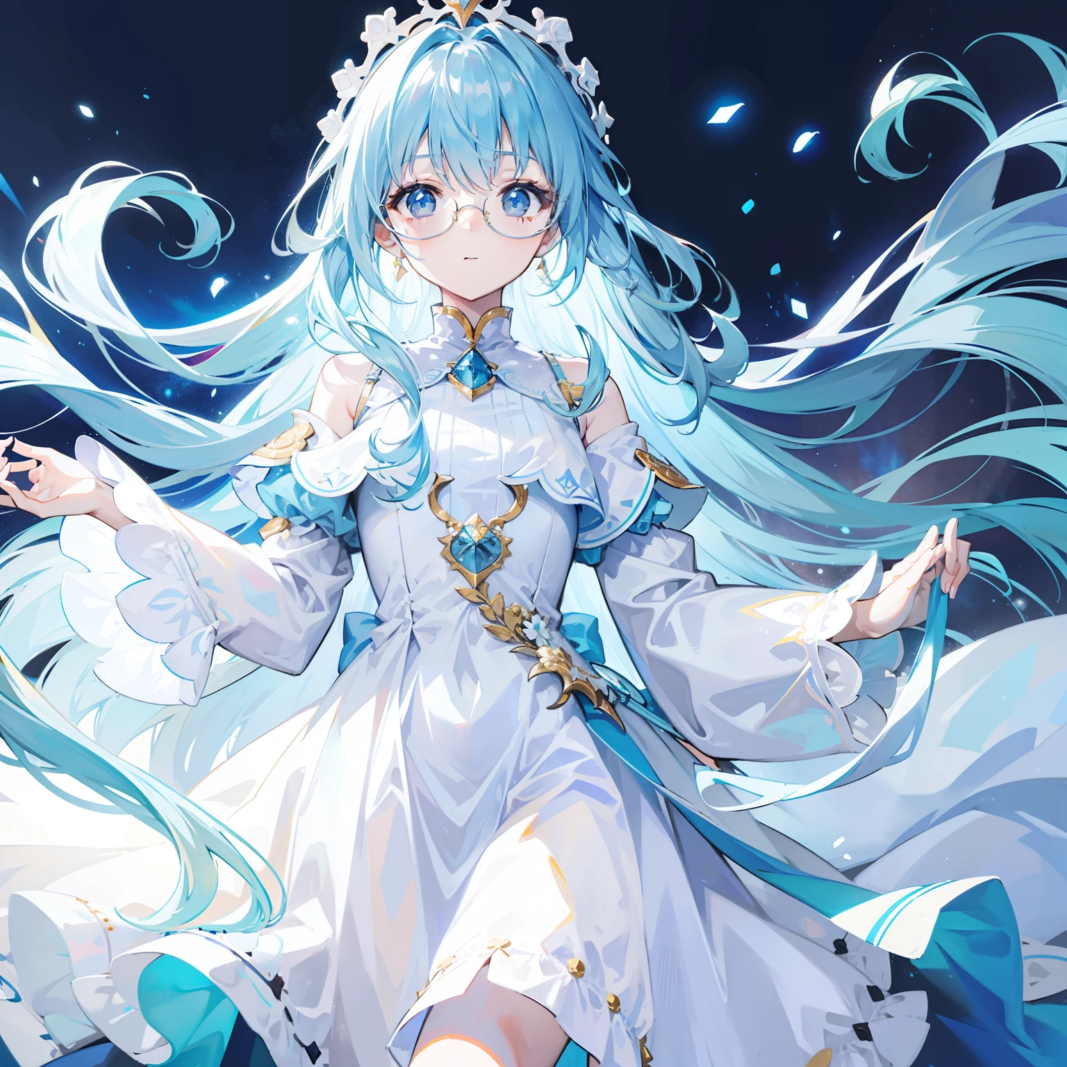 Long blue hair,White glasses,Various light blue with light yellow princess dresses look a little intellectual and cute, Poor and simple