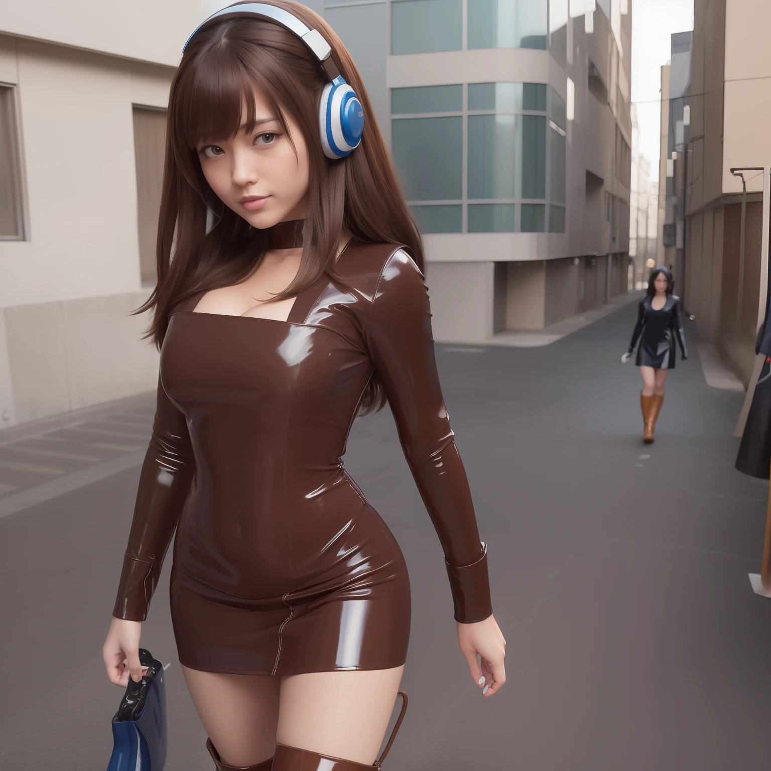 masutepiece,A hyper-realistic,32K,the Extremely Detailed CG Unity 8K Wallpapers, Best Quality,girl,solo,(brown Latex Boots:1.3),(wearing the blue leather dress:1.2),brown wave long hair,full body shot,In front of a building,A smile,((with headset microphone)),standing,heavy makeup