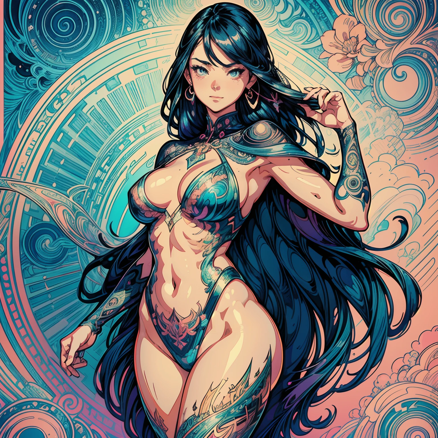 A beautiful and gorgeous, full-bodied woman of ⚙💗🥃, drawing by Audrey Kawasaki and Victo Ngai and Alena Aenami, 8 K, masterpiece, (ultra-detailed), 2D, inks, colorful ink illlustration, (((Digital Art))), ((wallpaper)), core-visuals by Mohrbacher and Mucha and Artgerm