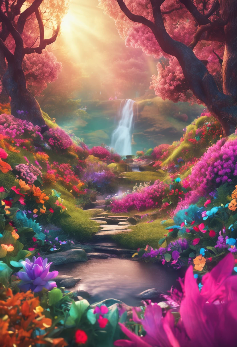 Magical flowers shone in all the colors of the rainbow, Trees whispered soft secrets and streams hummed cheerful cartoon-style songs