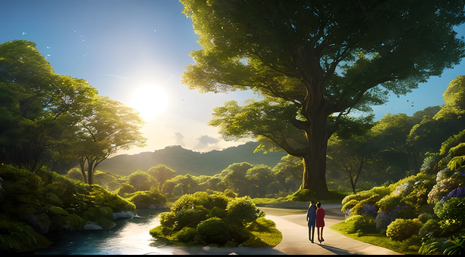 Illustration of a hyperrealistic scene, de outro mundo, Ultrasky with full body of a giant crystal tree, Very detailed and magical lighting, detalhes intrincados da floresta, vegetation and river around, solarpunk, paisagem, giant tree, beautiful leaves with beautiful lighting and realistic proportions, as if it were a cinematic background, 8k, max quality, obra-prima, Clouds and stars in the sky. Adan e Eva