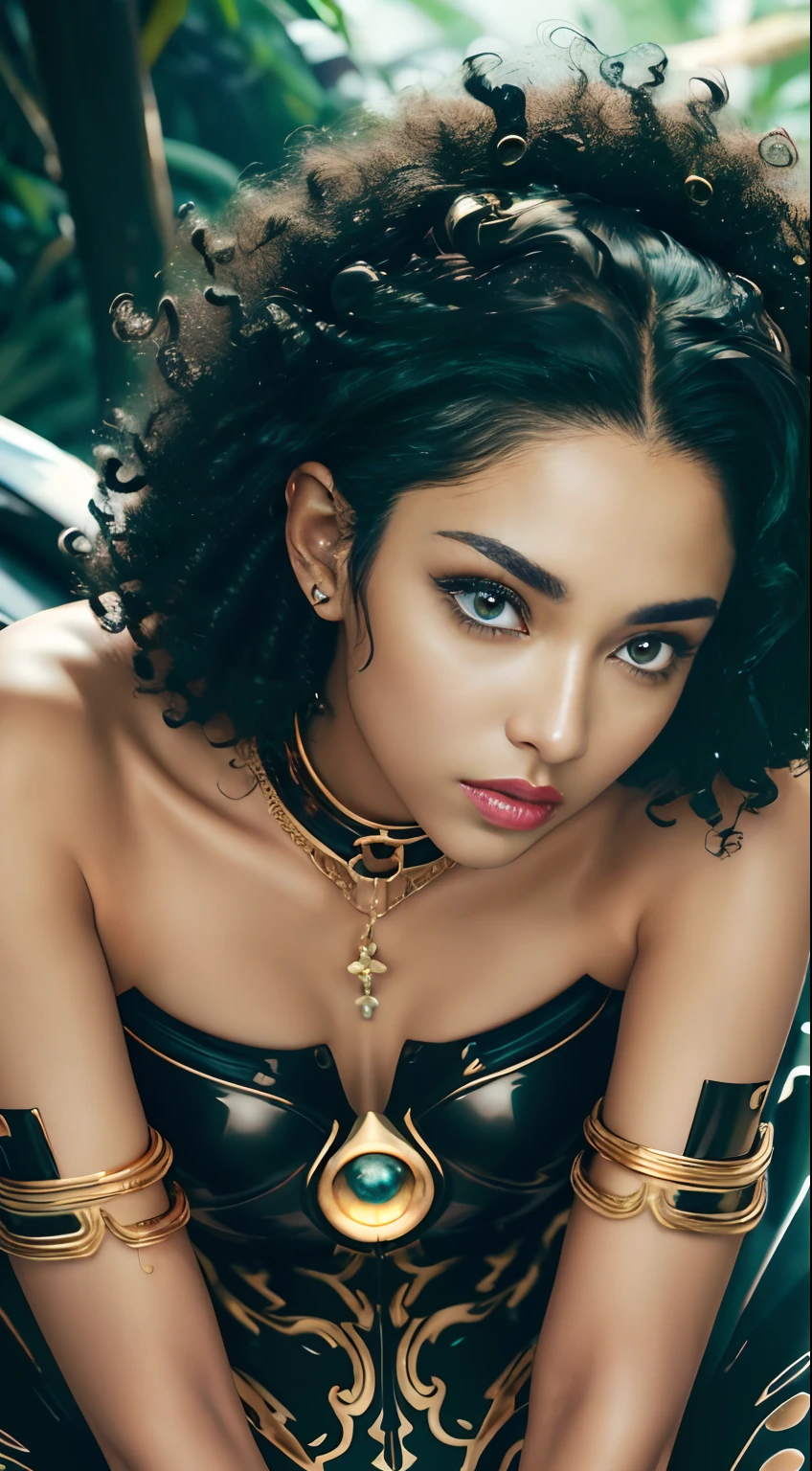 Woman naked only in gold body jewelry, flying on the futuristic antigraviti hoverbord ((She is in the jungle, siting on flying gold disc)) , siting on disc, She flying, flying hoverbord, Highly Detailed Face and Skin Texture, big green eyes, juicy lips, bimbo lips, white skin, pale skin, (afro curly Black hair), (pale skin), Detailed Eyes, Double Eyelids, afro curly black  hair, gold metal cyberpunk tapes, metal Collar, metal gold futuristic ((vaginal piercing)), gold jewelry on wet body, wet skin. She is naked, full body, naked, White skin, she is on the futuristic cyberpunk flying disc drone in the jungle. Piercing in the nose.