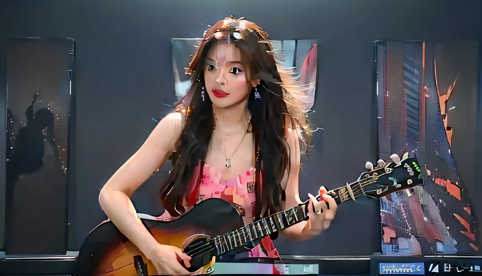 Image of Arafat playing guitar with a woman in a red dress, YouTube video screenshots, roseanne park of blackpink, jossi of blackpink, concert footage, lalisa manoban of blackpink, Execution, playing guitar onstage, Capture the, tzuyu from twice, portrait of jossi of blackpink, lalisa manobal, screen cap, Korean Idol