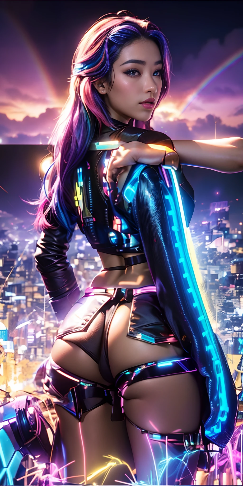 Mujer Arafed (Asian African American))with long rainbow hair and a neon cyberpunk tank top, retrato, Ella tiene una cara hermosa, webcam footage, escote, Tetona, y look at the camera, Fotografiado por webcam, 4 8 0 p, 480p, Tu pecho, she is facing the camera, hermosa hembra, Antecedentes de Disco Club, Rgb, Rave LED Lighting