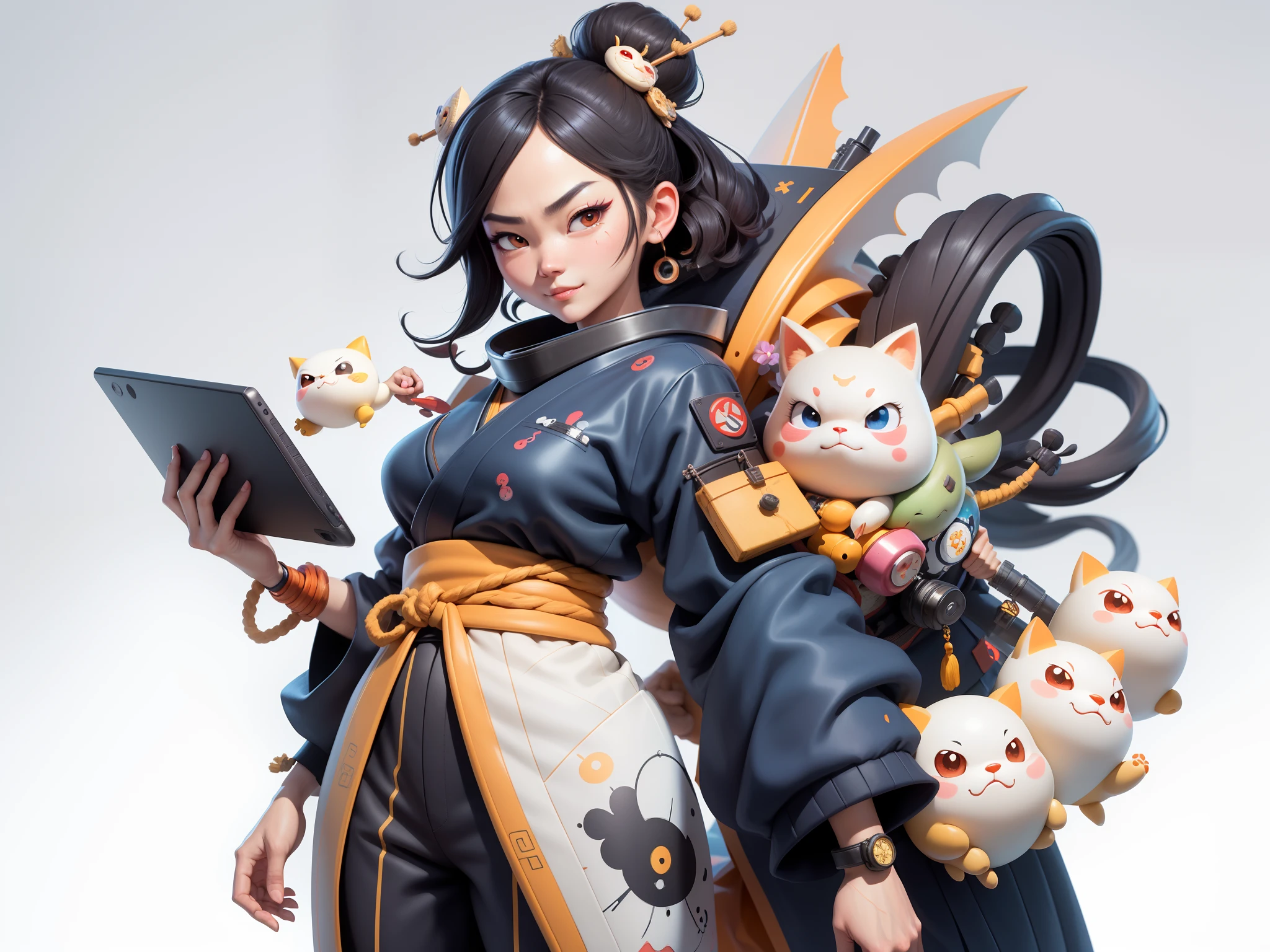 (Daisaku),(Need),(Super meticulous),(full bodyesbian:1.2),Japanese ukiyo-e girl,japanese geisha,Beautiful,Oriental dragon,Aeolian Thor,Raised sexy,爆乳,Oriental face,TV Anchor,Bust portrait illustration,Alone,In black suit,a blue tie,The face is slightly chubby,The face was clean,without a beard,Black super short hair,Black eyes,Smile confidently,3C computer sub-products,iPad, iphone,Digital painting,3D character design by Mark Clairen and Pixar and Hayao Miyazaki and Akira Toriyama,The illustration is a high-definition illustration in 4K resolution,With very detailed facial features and cartoon-style visuals。