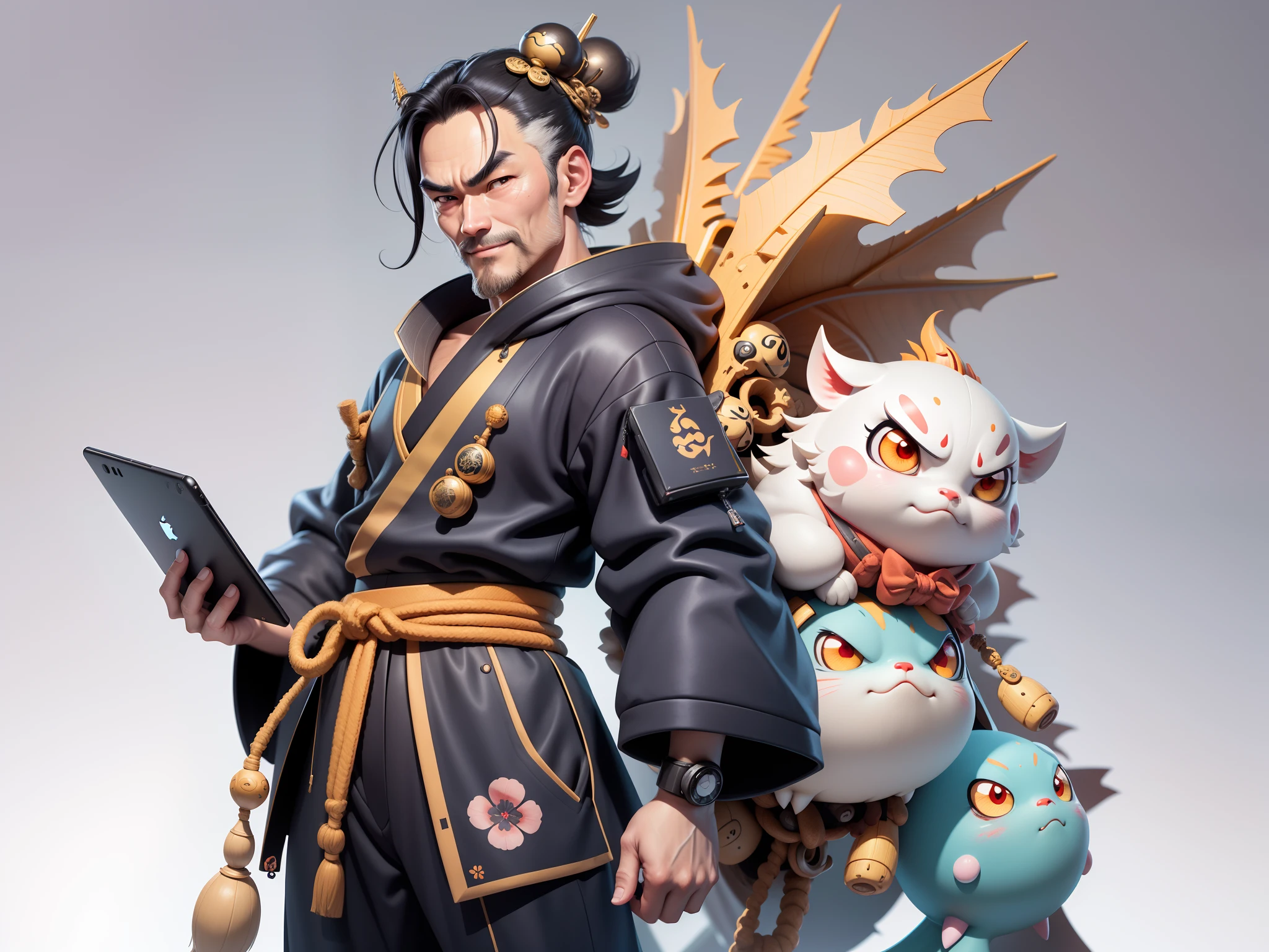 (Daisaku),(Need),(Super meticulous),(full bodyesbian:1.2),Japanese ukiyo-e girl，japanese geisha，Beautiful，Oriental dragon，Aeolian Thor，Raised sexy，爆乳，Oriental face，TV Anchor，Bust portrait illustration，Alone，In black suit，a blue tie，The face is slightly chubby，The face was clean，without a beard，Black super short hair，Black eyes，Smile confidently，3C computer sub-products，iPad， iphone，Digital painting，3D character design by Mark Clairen and Pixar and Hayao Miyazaki and Akira Toriyama，The illustration is a high-definition illustration in 4K resolution，With very detailed facial features and cartoon-style visuals。