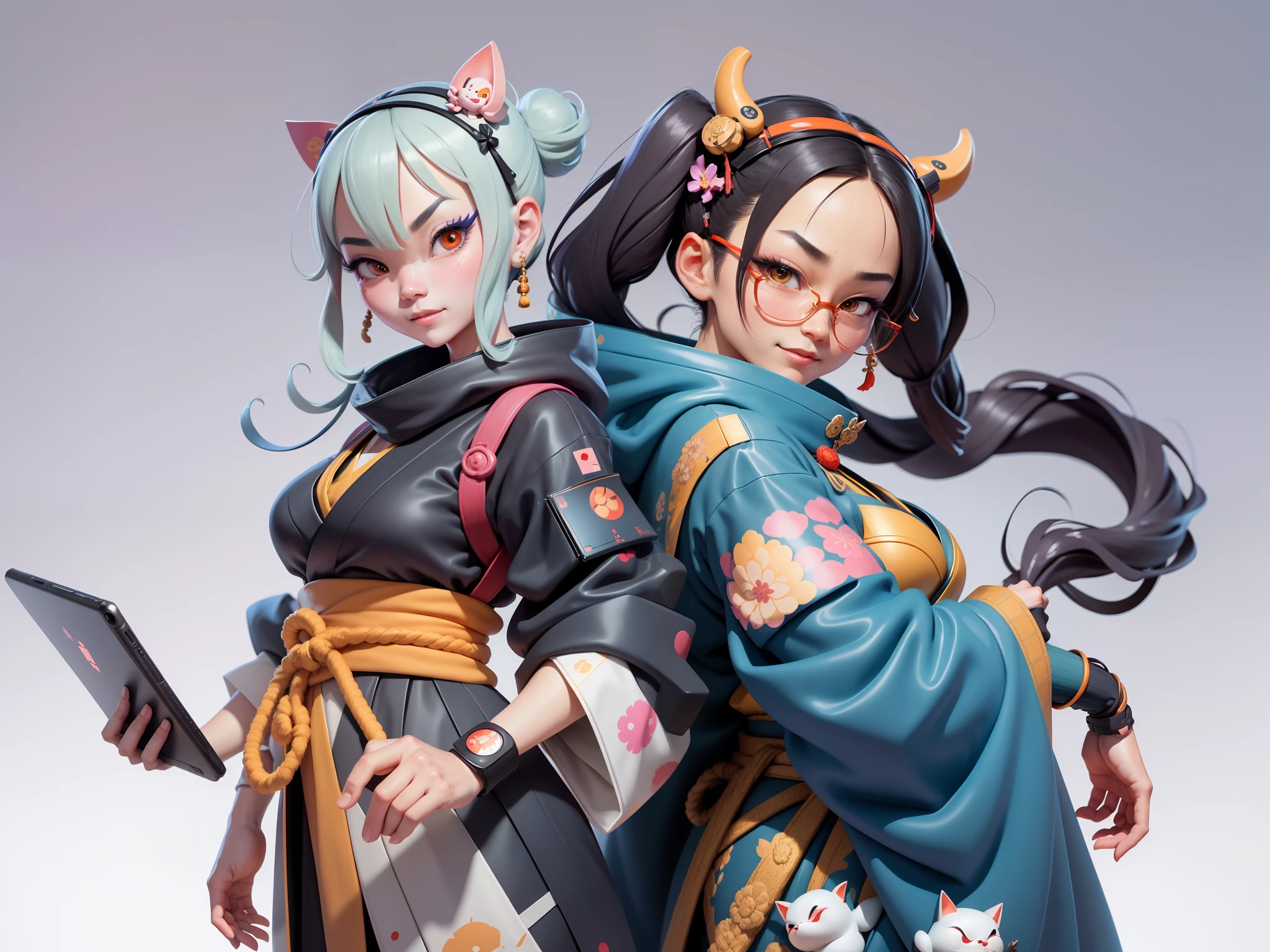 (Daisaku),(Need),(Super meticulous),(full bodyesbian:1.2),Japanese ukiyo-e girl,japanese geisha,Beautiful,Oriental dragon,Aeolian Thor,Raised sexy,爆乳,Oriental face,TV Anchor,Bust portrait illustration,Alone,In black suit,a blue tie,The face is slightly chubby,The face was clean,without a beard,Black super short hair,Black eyes,Smile confidently,3C computer sub-products,iPad, iphone,Digital painting,3D character design by Mark Clairen and Pixar and Hayao Miyazaki and Akira Toriyama,The illustration is a high-definition illustration in 4K resolution,With very detailed facial features and cartoon-style visuals。