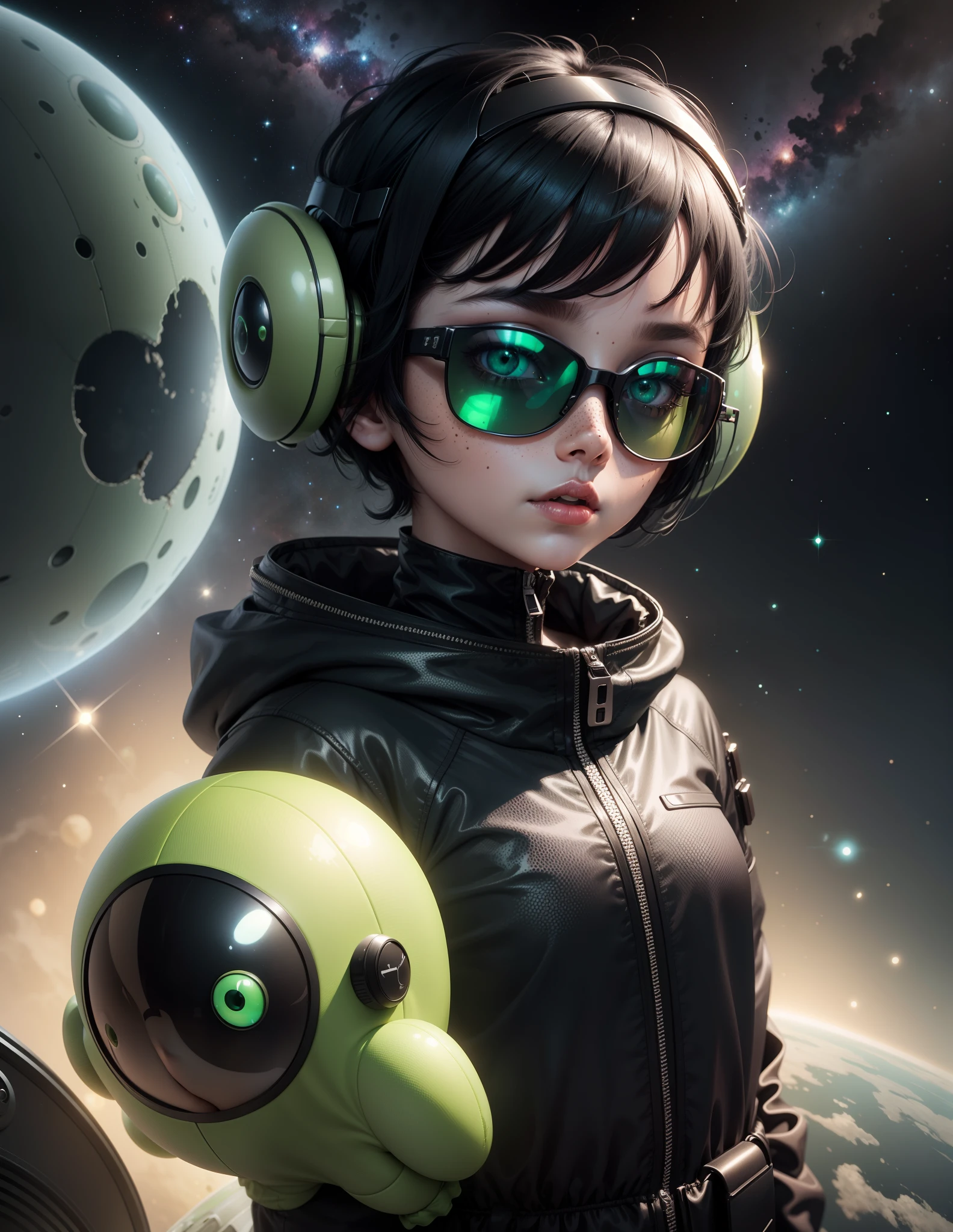 Alien girl, Green skin, freckles, big round eyes, fashion gray outfit, futuristic sunglasses, frackles, short black hair, above a ovni, space background
