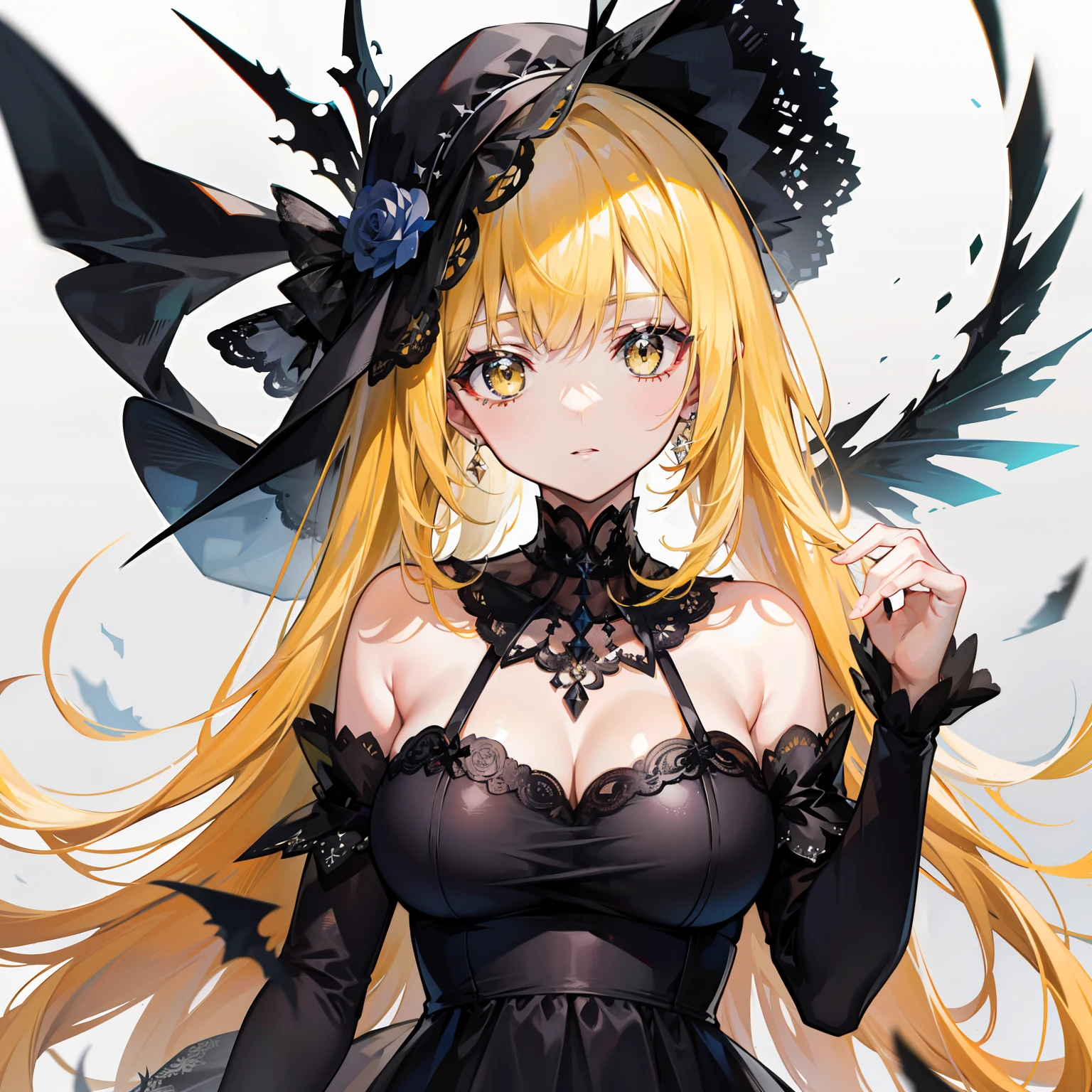 Black-yellow hair，There are white ornaments，Black gauze dress，She is an elite girl