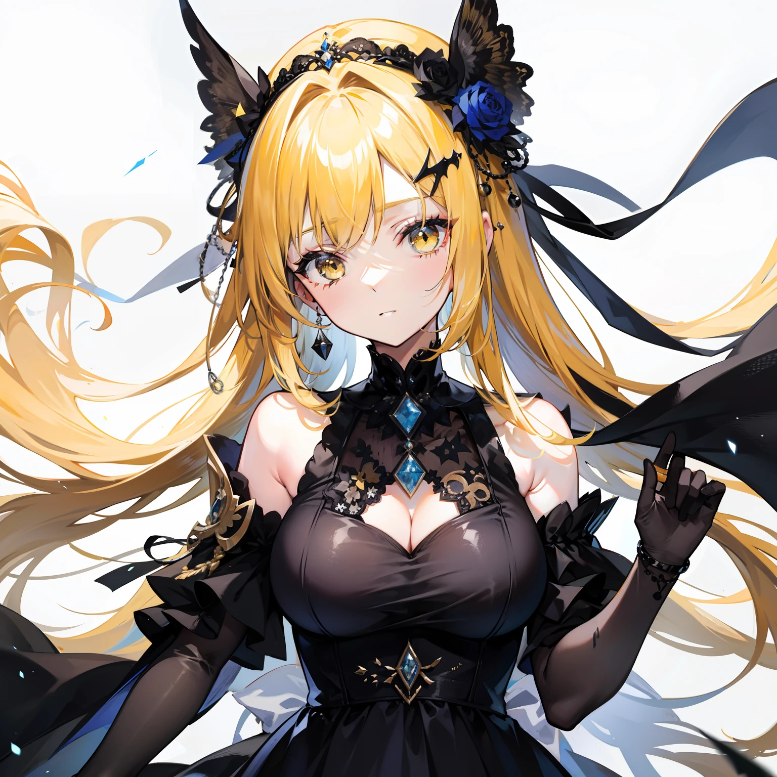 Black-yellow hair,There are white ornaments,Black gauze dress,She is an elite girl