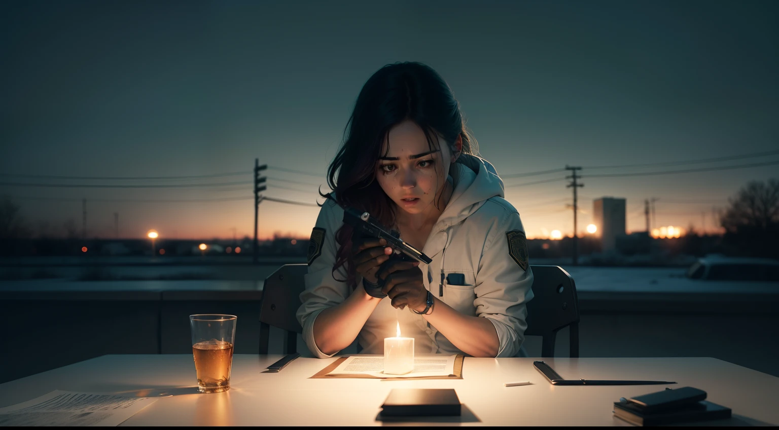 Imagem de investigadores examinando uma cena de crime em Lawrence. The tranquil landscape is contrasted by the horror of the evidence, com foco nas partes de corpos encontradas.