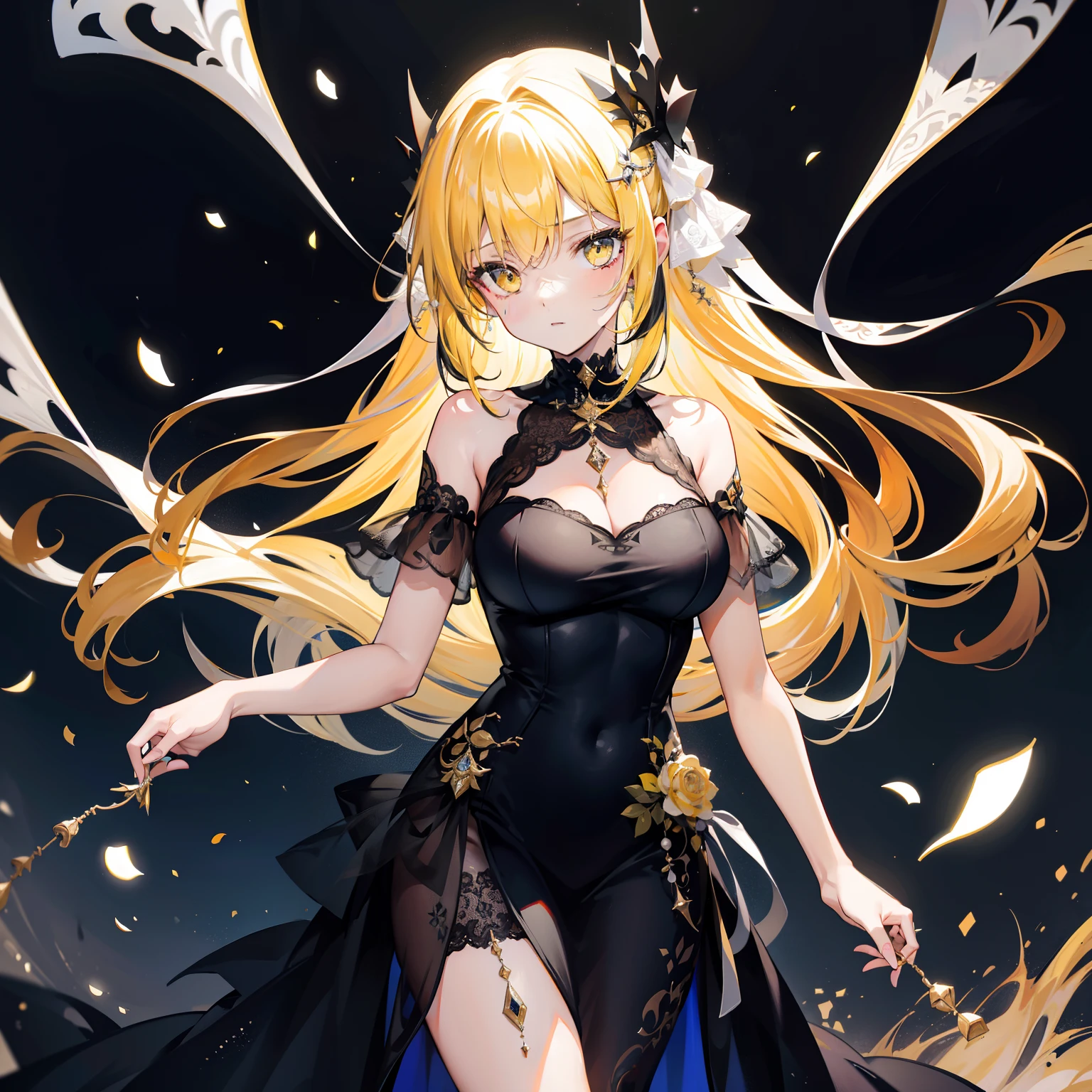 Black-yellow hair,There are white ornaments,Black gauze dress,She is an elite girl