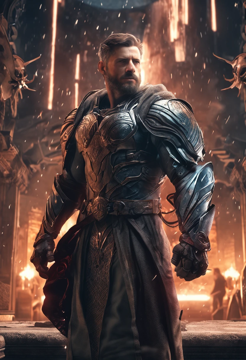 (Preshessional 3D rendering:1.3) Of (Realistic:1.3) Photo of the world's most beautiful artwork with soft and shiny male hero, ultrawide ((Ultrawide resolution)), 2560x1080, ((epic heroic fantasy, homens musculosos, Wet Hero, olhar irritado, com cabelos longos e barba curta, and fierce gaze in a dynamic posture, fantastic location, majestoso ambiente desordenado)), corpo inteiro 8k unidade render, action shot, skin pores, very dark lighting, sombras pesadas, circunstanciado, rosto detalhado, (Vibrando, Foto realista, Realistic, Dramatic, Escuro, foco nítido, 8k), (roupa de couro velho danificado danificado:1.4), ((((usando pele)))), (intrincado:1.4), decadente, (altamente detalhado:1.4), Pintura digital, octan render, art-station, arte conceitual, liso, foco nítido, illustration, Arte por Artgerm, (Loish:0.23), Wlop Ilya Kuvshinov, e greg rutkowski e alphonse mucha gracias, (global ilumination, studiolight, volumetric light), chuva forte, floating particles, patife, fantasia, Nosso, corpo inteiro, ((Fundo escuro e antigo da cidade:1.3)),CGSetnação,art-station