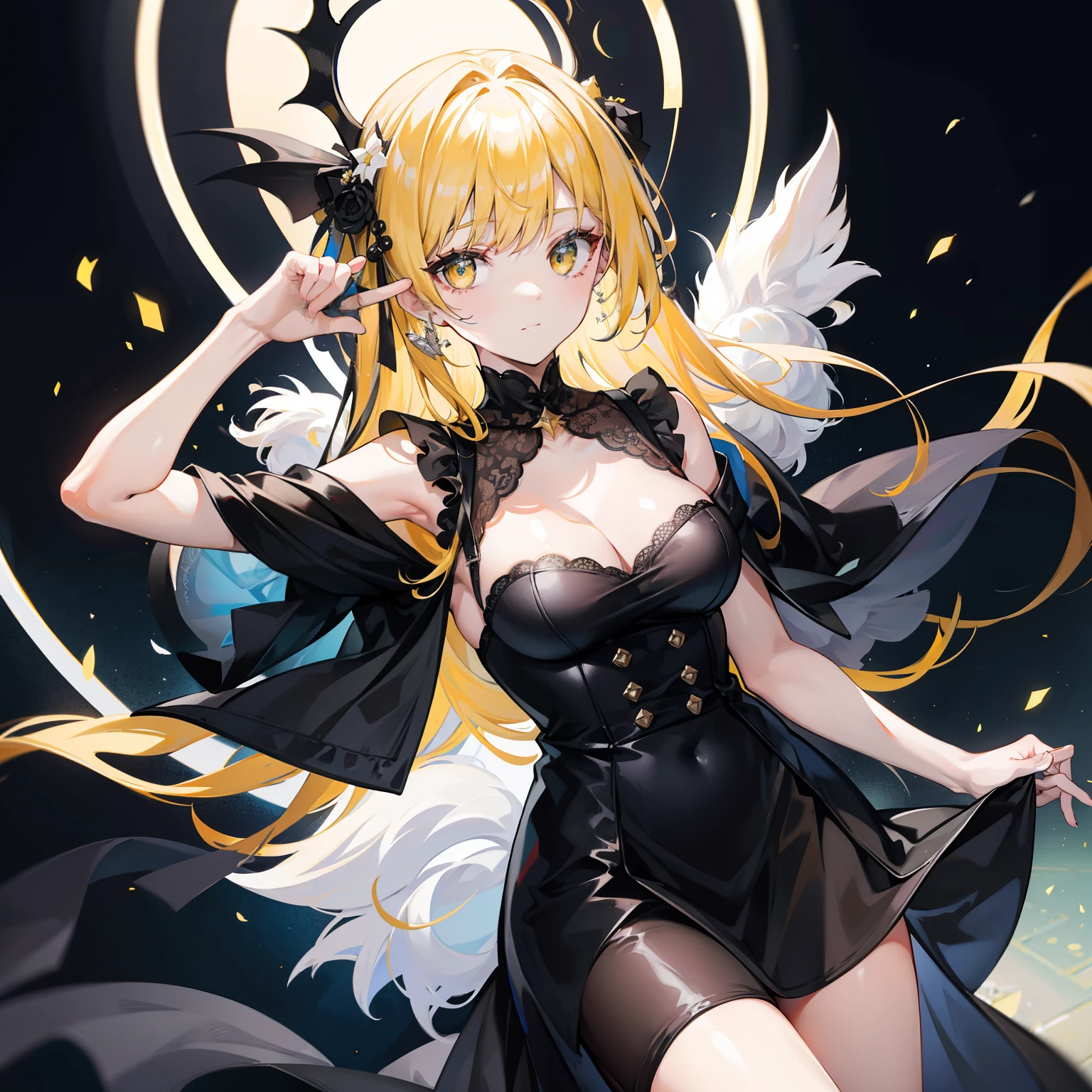 Black-yellow hair，There are white ornaments，Black gauze dress，She is an elite girl