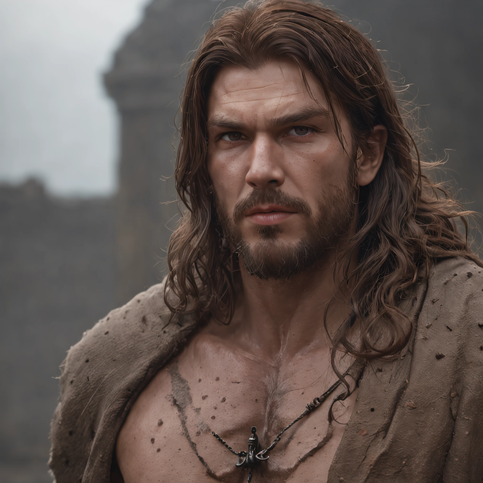 (Professional 3D rendering:1.3) de (Realistic:1.3) Foto de arte mais bonita do mundo，Features soft, bright male heroes, ((Epic hero fantasy rough muscular man wet hero angry look long hair short beard and fierce expression in dynamic pose, fantastic location, majestoso ambiente desordenado)), corpo inteiro 8k unidade render, action shot, poros da pele, very dark lighting, sombreamento pesado, circunstanciado, Rosto detalhado, (vibrante, fotogrdeia realista, Realistic, Dramatic, Escuro, foco nítido, 8k), (Old leather clothes damaged by bad weather:1.4), ((((Use peles)))), (intrincado:1.4), decadente, (altamente detalhado:1.4), pintura digital, rendering by octane, art stations, Conceito-Arte, liso, foco nítido, illustration, germe da arte, (Loish:0.23), Wlop Ilya Kuvshinov, e Greg Rutkowski e Alphonse Mucha Gracias, (global ilumination, studiolight, Light Volumetric), chuva forte, floating particles, patife, fantasia, Onze, corpo inteiroesbian, ((Fundo escuro e antigo da cidade:1.3)),CGSesociedade,art stations
