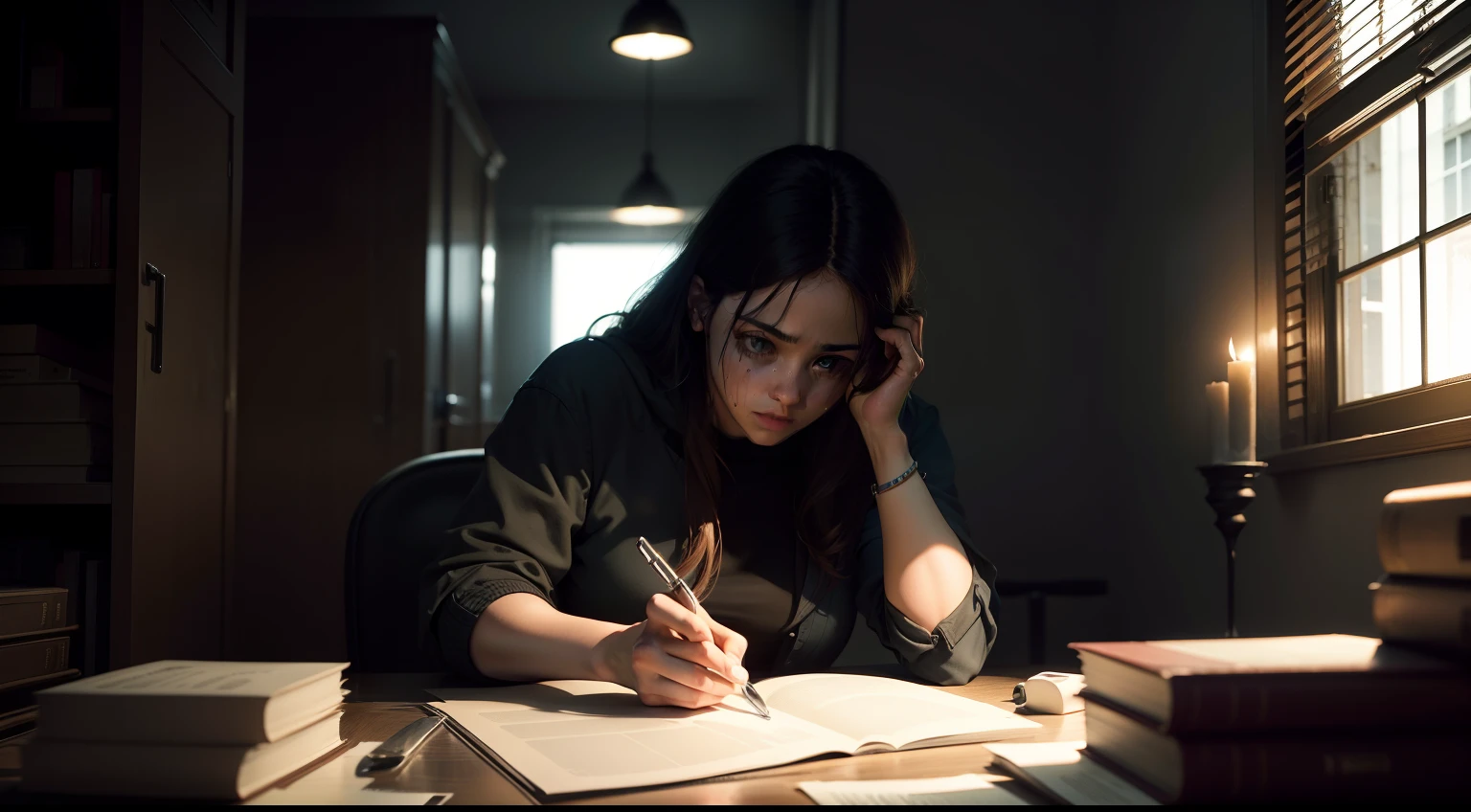 Imagem de investigadores examinando uma cena de crime em Lawrence. The tranquil landscape is contrasted by the horror of the evidence, com foco nas partes de corpos encontradas.