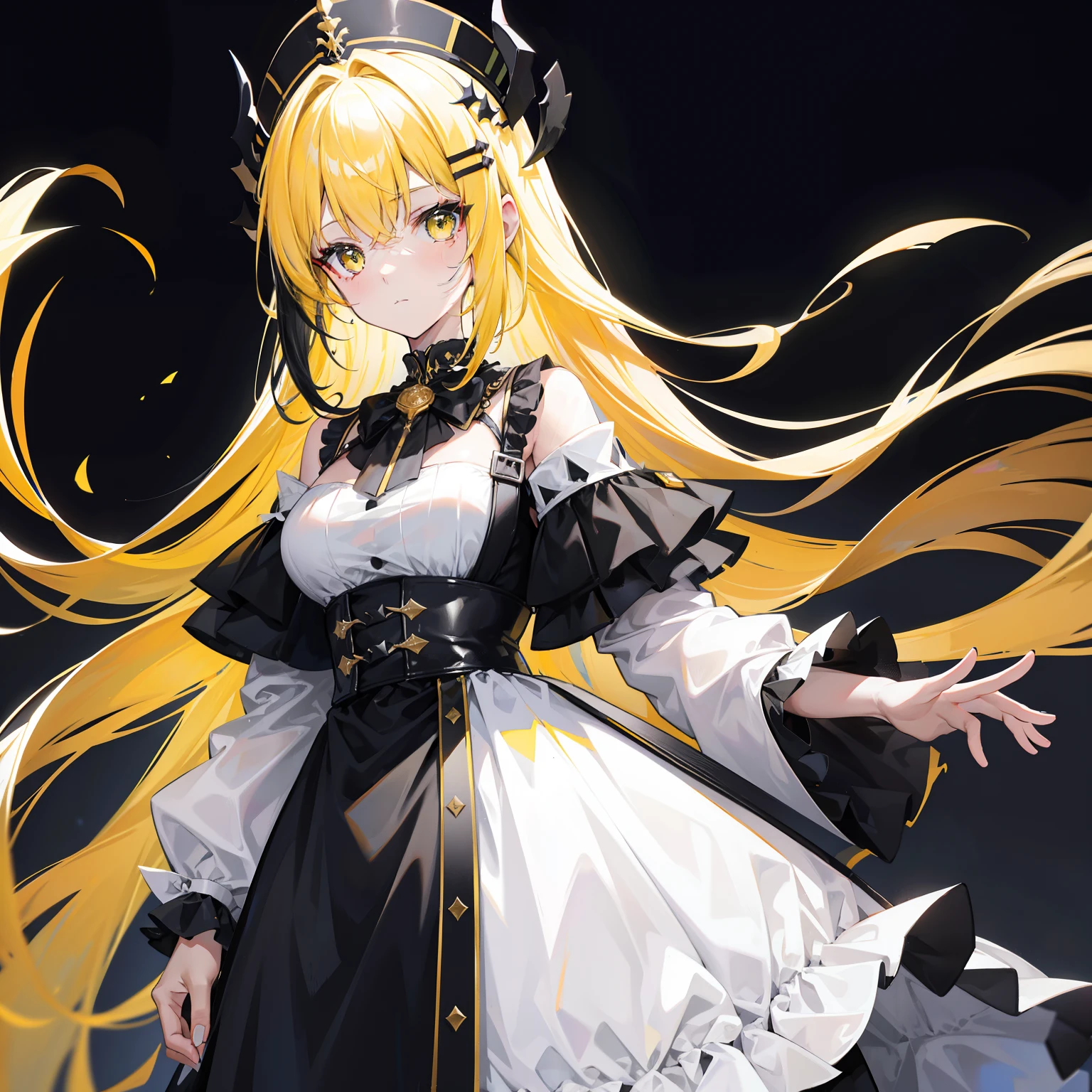 Black-yellow hair,There are white ornaments,Black gauze dress,She is an elite girl