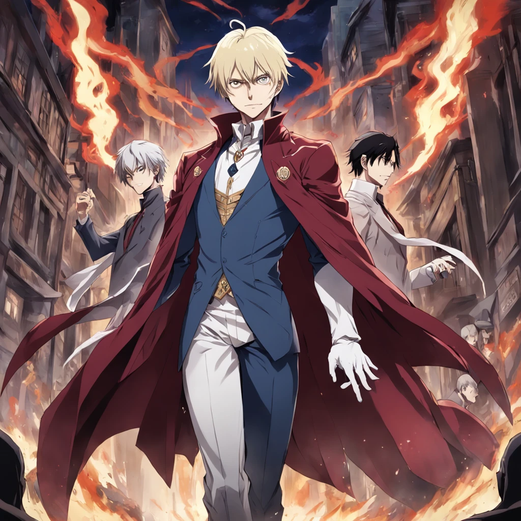 personagem de anime vestido com um terno e capa com uma capa vermelha, Johan Liebert misturado com Alucard, arte oficial do personagem, pose de anime bonito, Johan Liebert misturado com Dante, Arte Oficial, homem bonito anime, cara de anime alto com olhos azuis, cara bonito, Johan Liebert, official character illustration, personagem de anime masculino, joe biden as an anime villain, Detetive, tamanho de corpo inteiro,perspectiva lateral