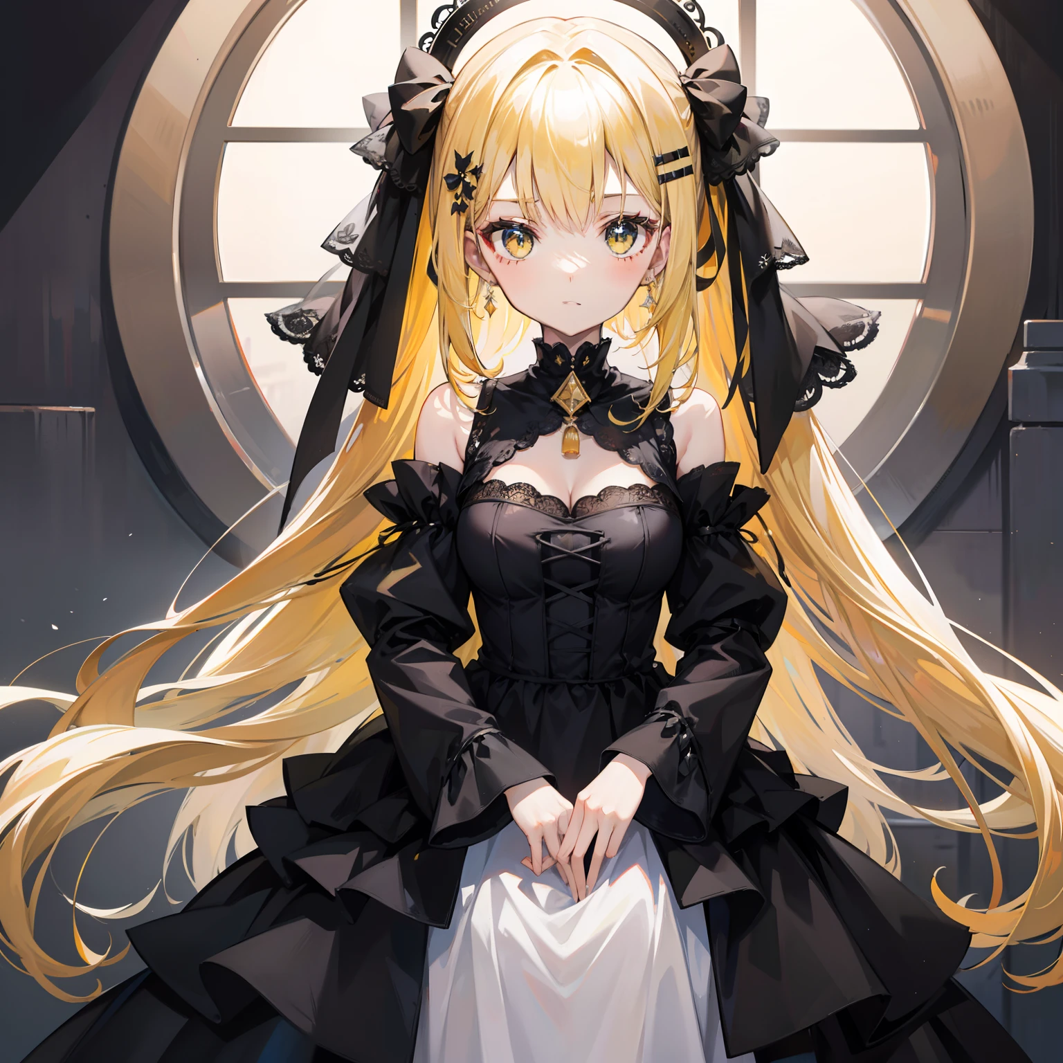 Black-yellow hair,There are white ornaments,Black gauze dress,She is an elite girl