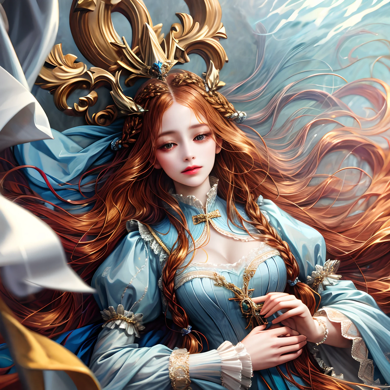(absurdres, highres, ultra detailed), 1girl, solo, mature, (long hair), Baroque, dress, long sleeve, elegant, holy, colorful, highest detailed, portrait, close up, underwater, floating hair, flower