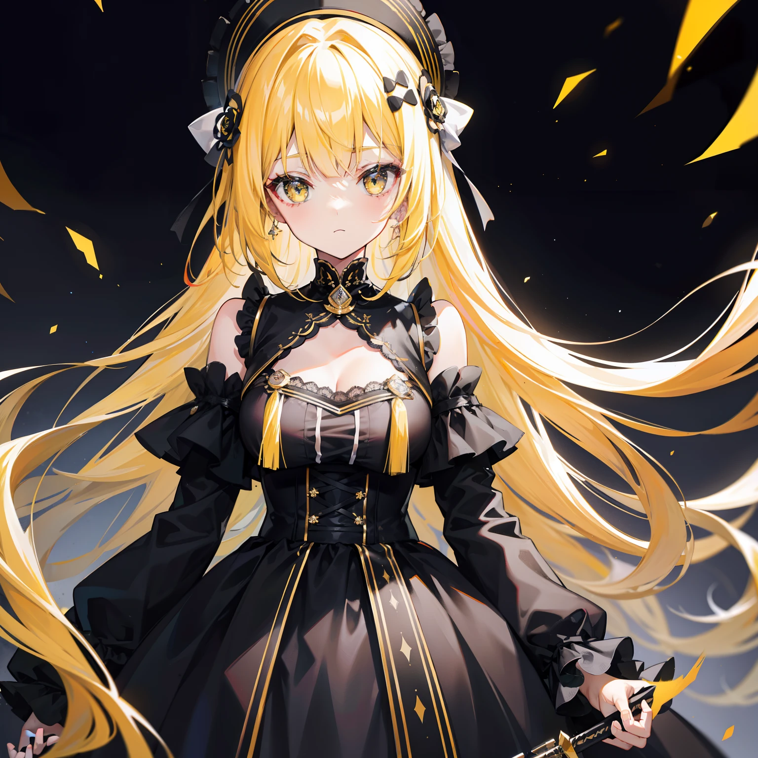 Black-yellow hair，There are white ornaments，Black gauze dress，She is an elite girl
