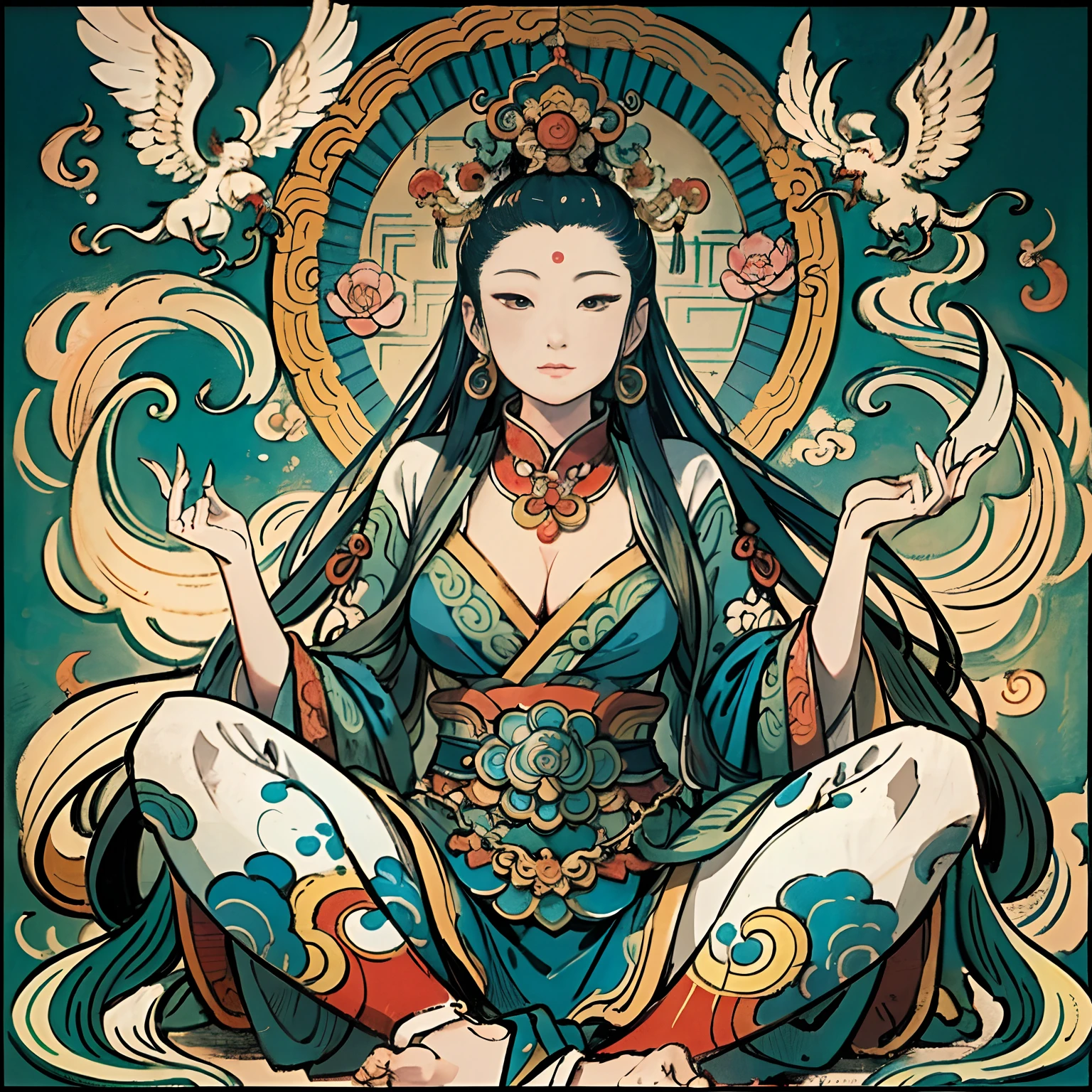 an ancient Chinese goddess, guanyin of the southern seas, Guanyin, Inspired by India, Avalokiteshvara rides a phoenix,,Serene expression,shui mo hua,Buddha,Buddhist,Lotus,Chinese painting style,Thangka style
